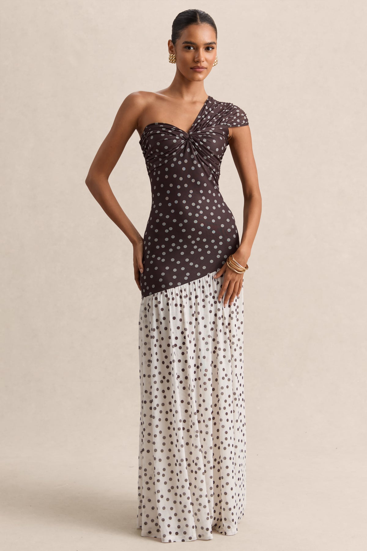 Motira Brown Polka-Dot Asymmetric-Neck Maxi Dress With Asymmetric Dr – Club  L London