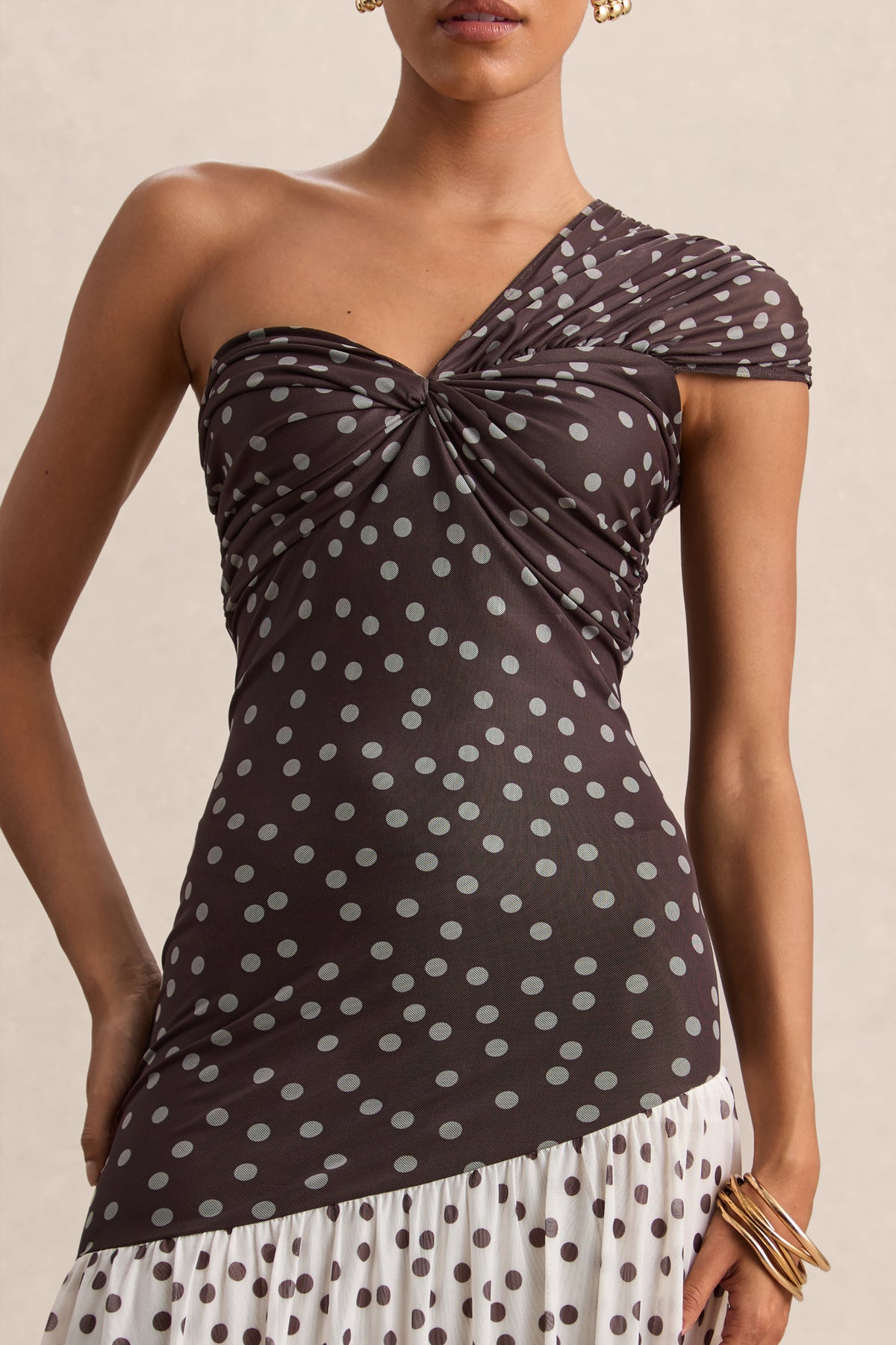 Motira Brown Polka-Dot Asymmetric-Neck Maxi Dress With Asymmetric Dr – Club  L London