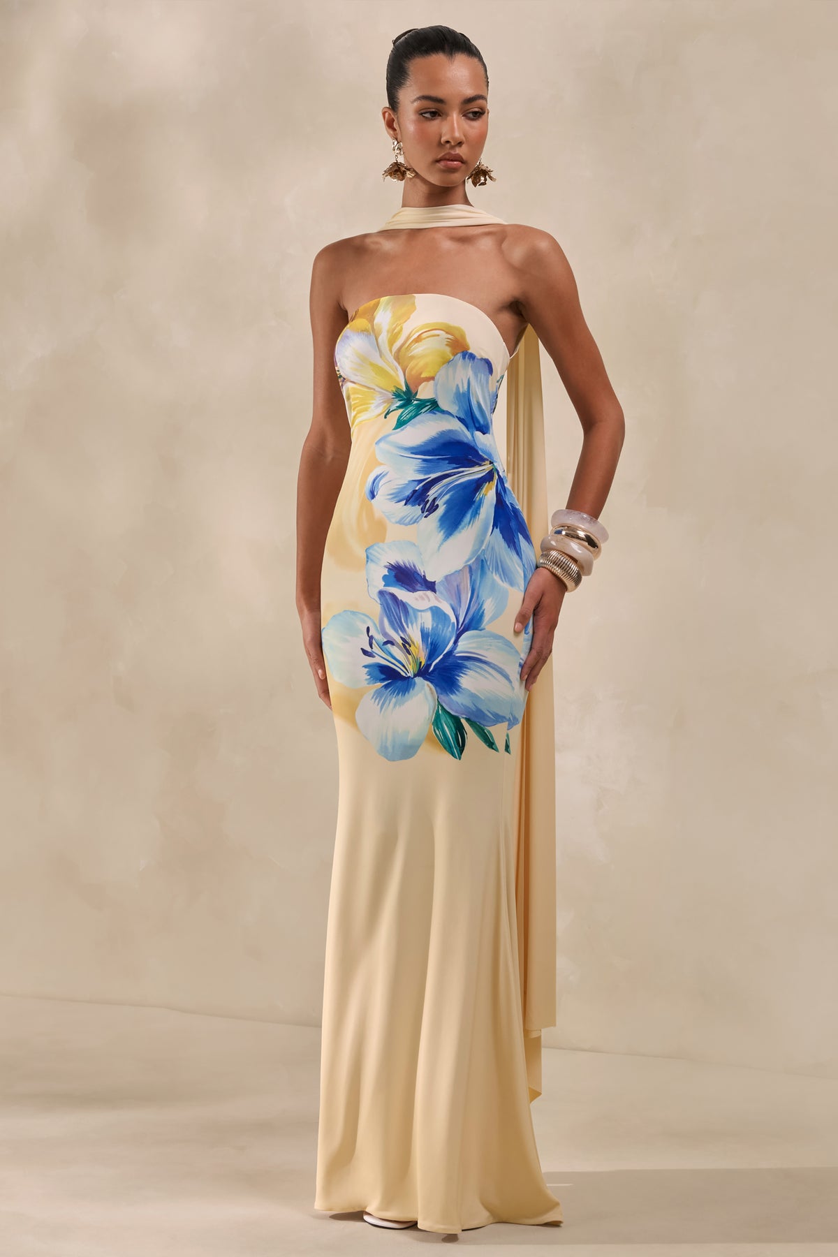 Brooke Lemon And Blue Floral Print Bandeau Maxi Dress With Scarf