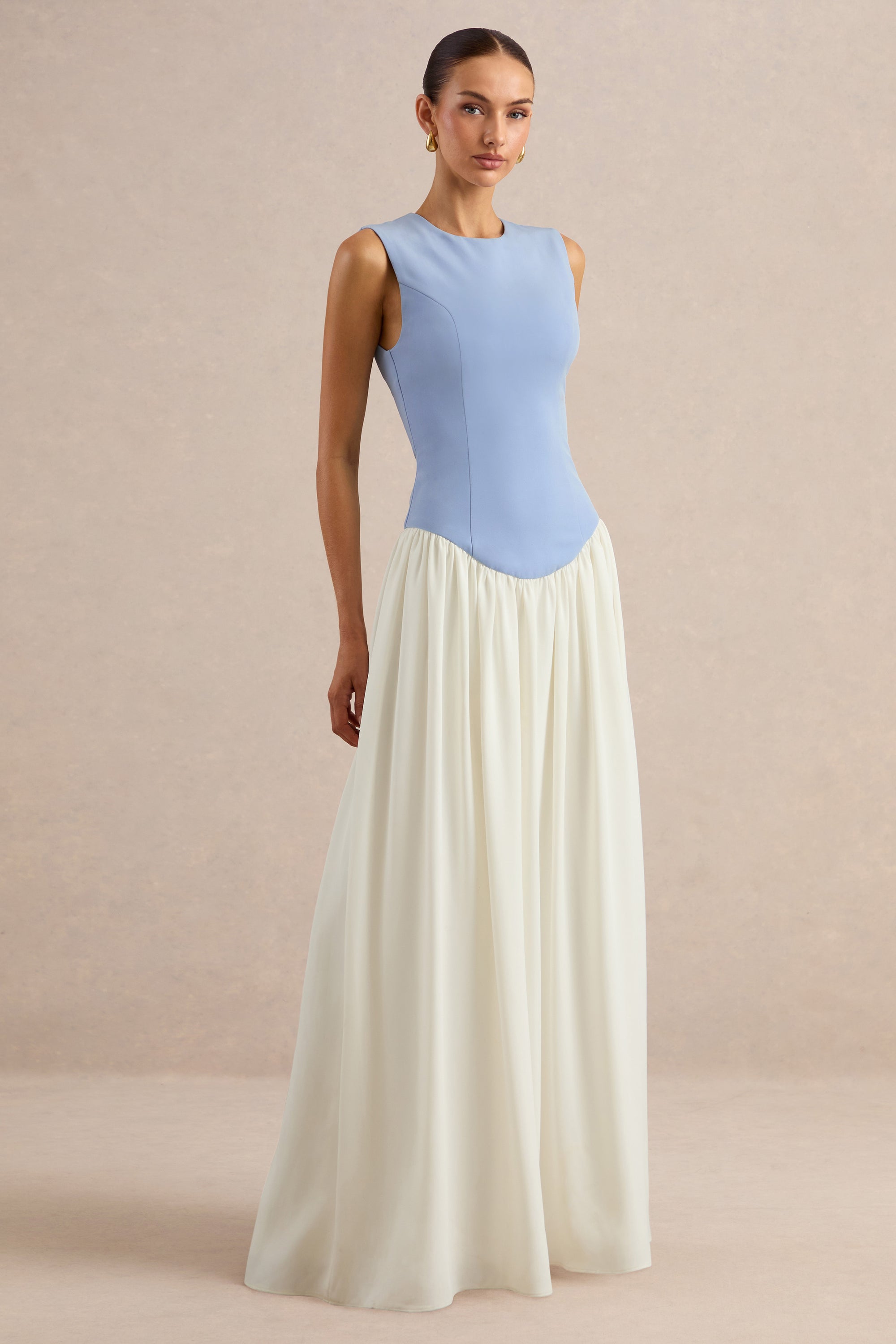 ECM_HR_CL137340153 - Iliana _ Powder Blue And White Crew-Neck Maxi Dress With Drop-Waist And Pleated Skirt 1.jpg