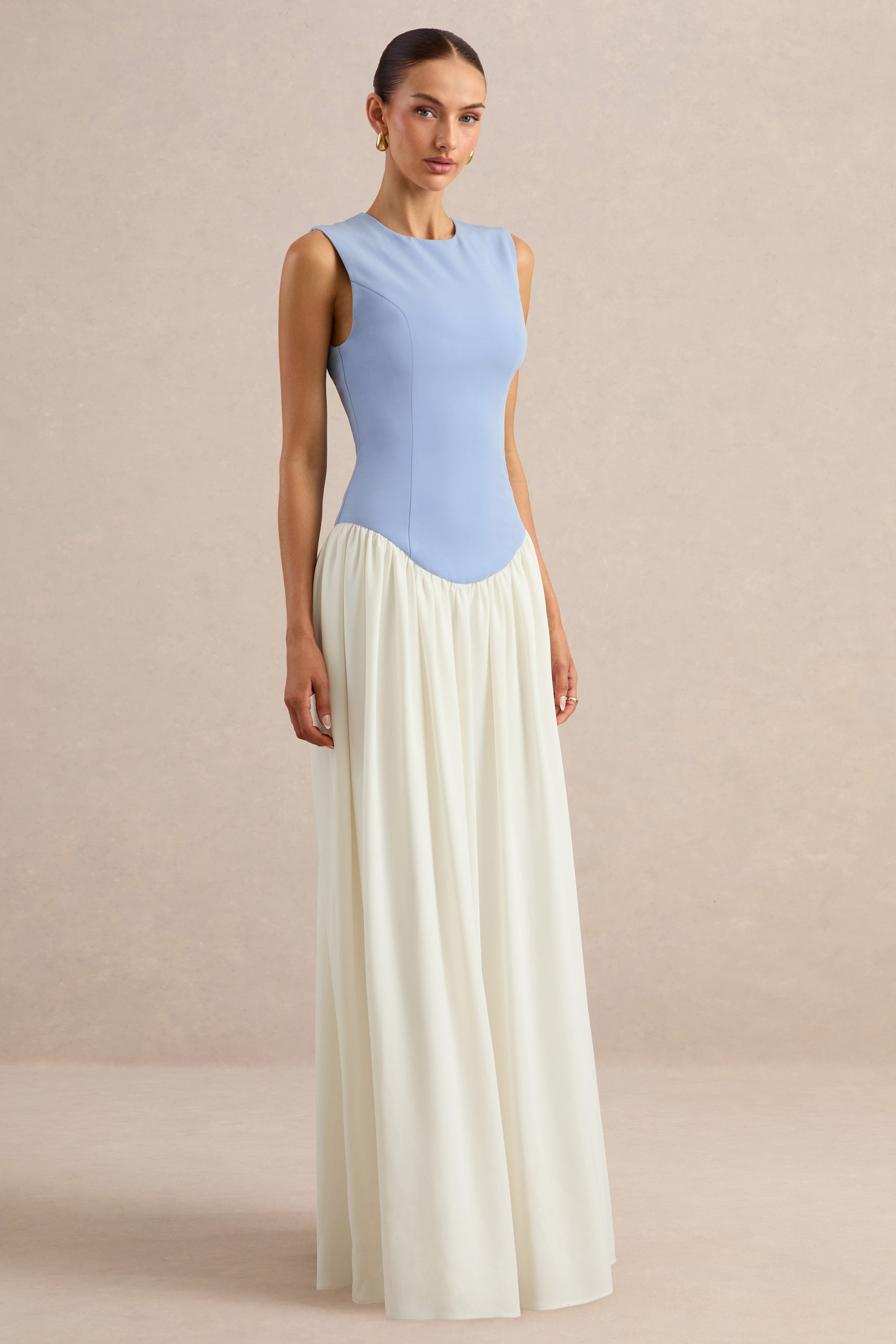 ECM_HR_CL137340153 - Iliana _ Powder Blue And White Crew-Neck Maxi Dress With Drop-Waist And Pleated Skirt 2.jpg