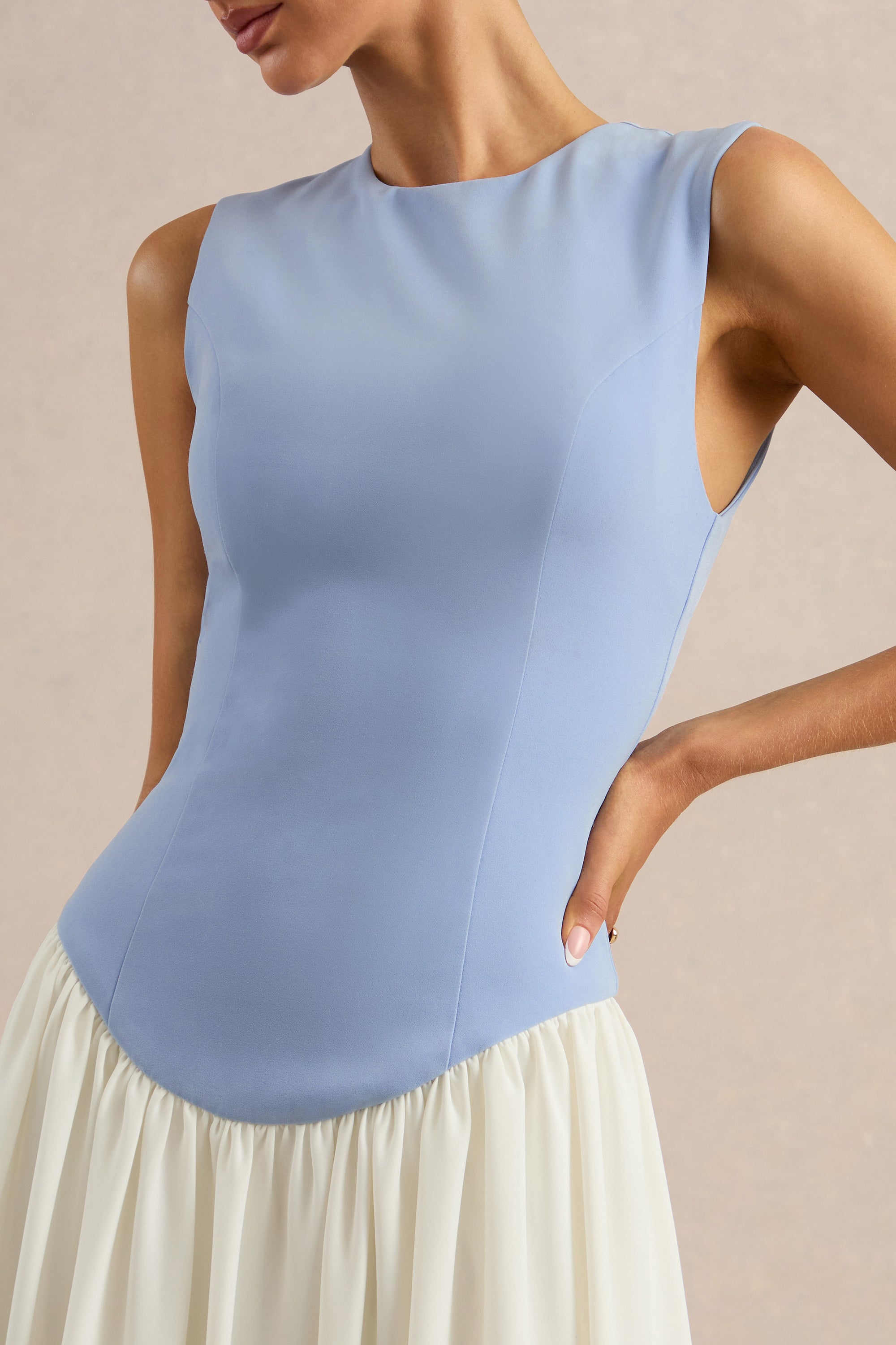 ECM_HR_CL137340153 - Iliana _ Powder Blue And White Crew-Neck Maxi Dress With Drop-Waist And Pleated Skirt 3.jpg