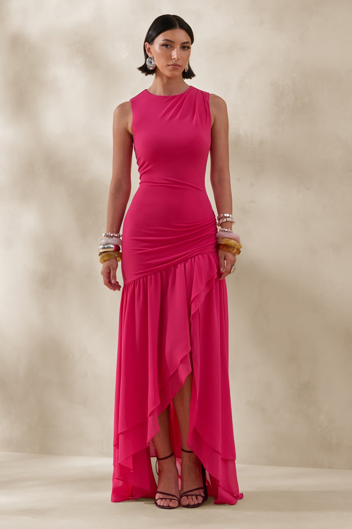 Noelia Hot Pink High-Neck Maxi Dress With Ruffled Detailing Club L London - CA Noelia Hot Pink High-Neck Maxi Dress With Ruffled Detailing Club L London - CA