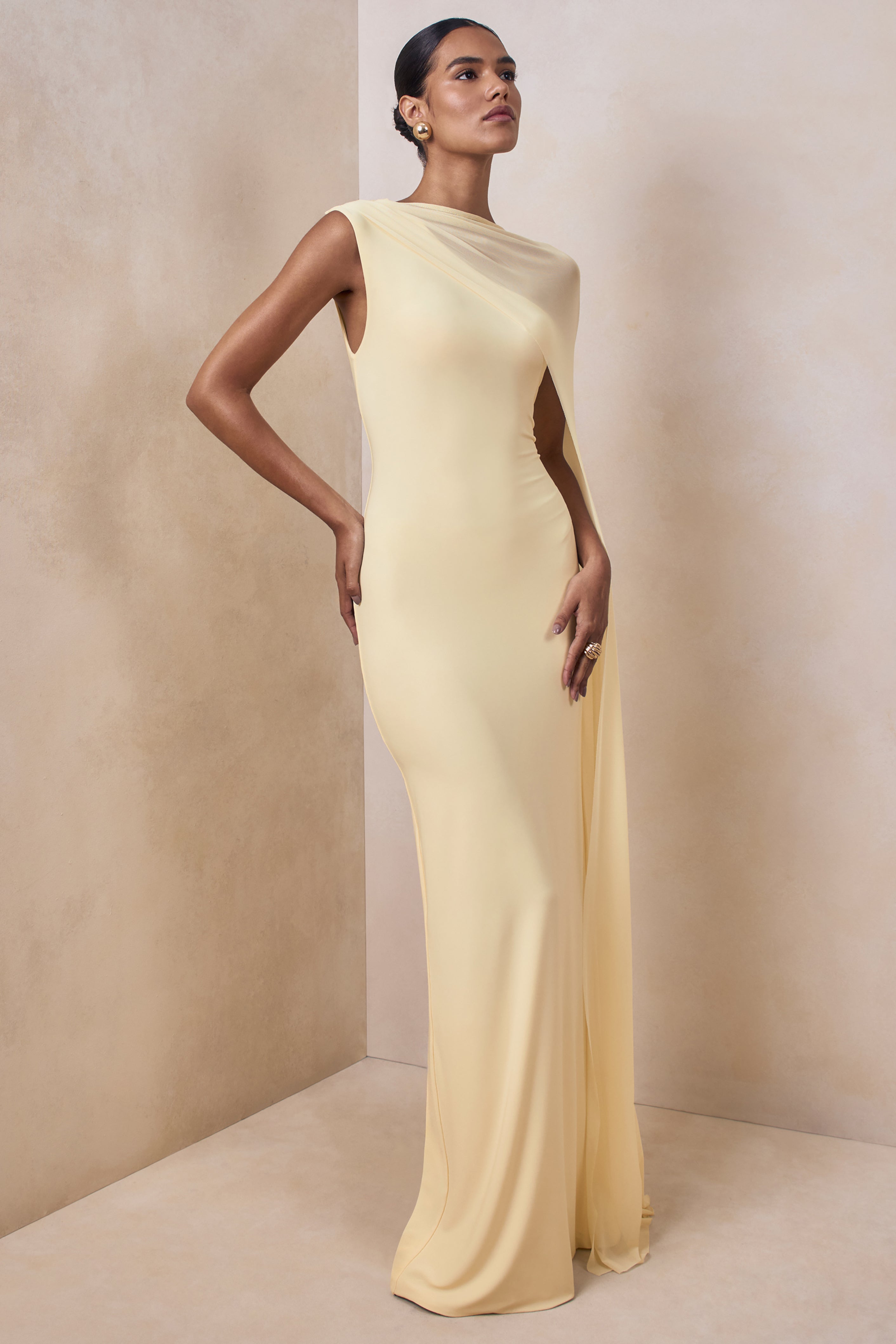 Mirelle | Lemon Boat-Neck Maxi Dress With Cape-Sleeve – Club L