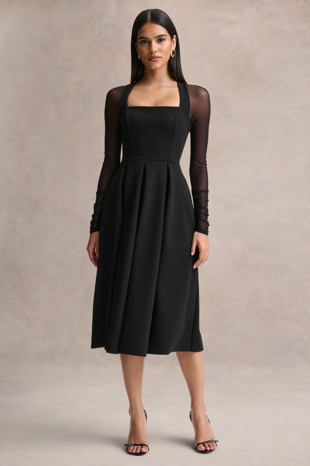 Melinda | Black Square-Neck Midi Dress With Mesh Detailing US 12 / Black Melinda | Black Square-Neck Midi Dress With Mesh Detailing US 12 / Black