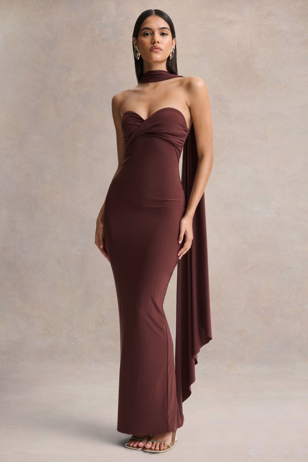 Sheila Dark Brown Bandeau Maxi Dress With Scarf Detail Club L London - CA Sheila Dark Brown Bandeau Maxi Dress With Scarf Detail Club L London - CA