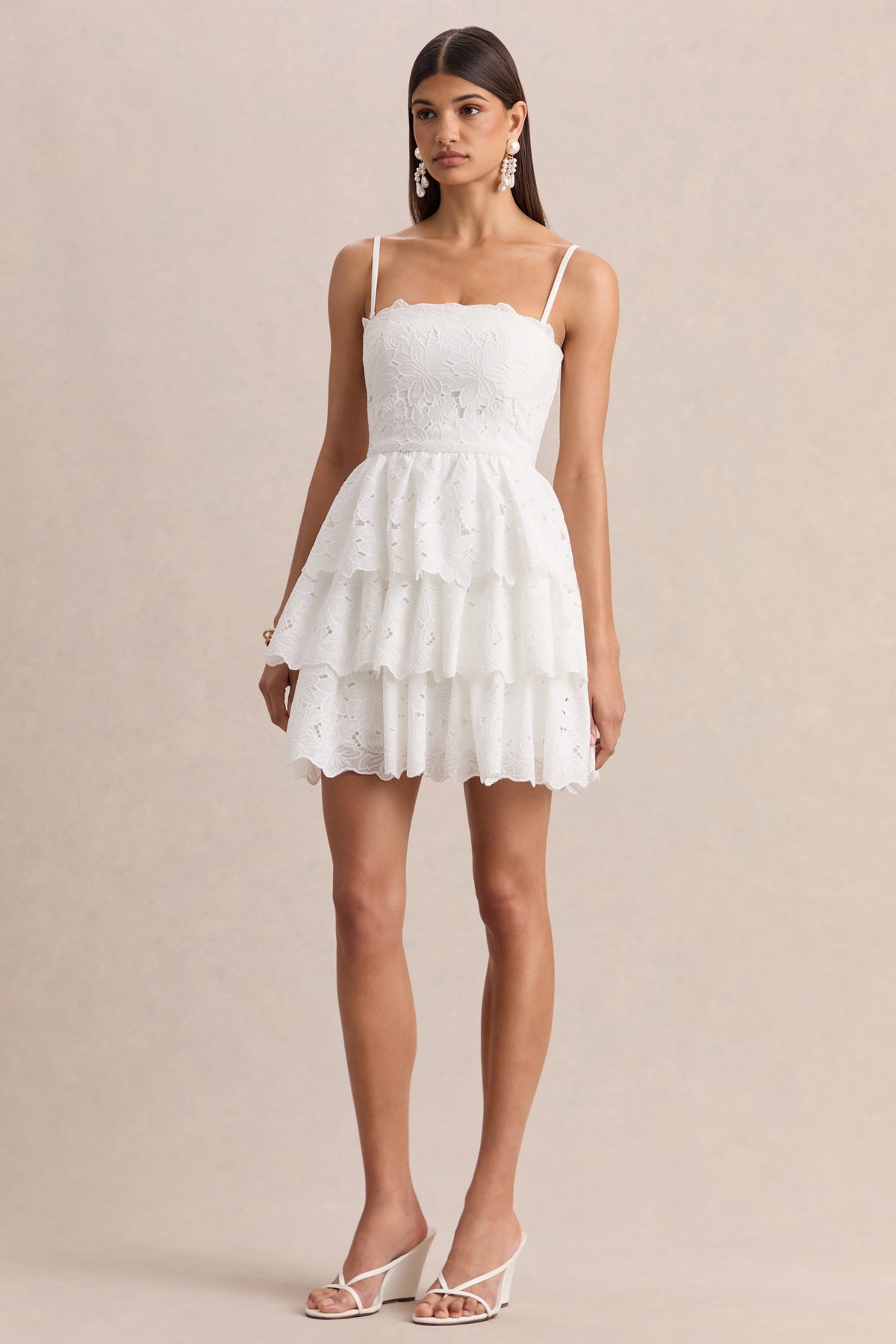 Winona White Lace Square-Neck Mini Dress With Ruffled Detailing