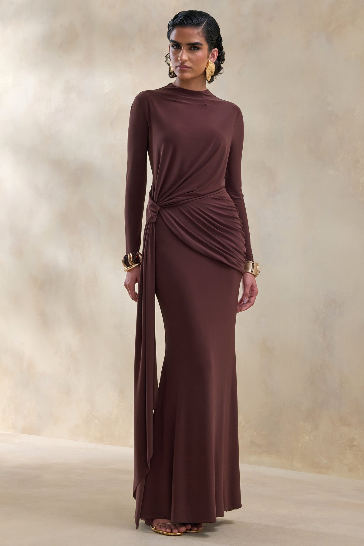 ECM_HR_CL137547021 - Kyrissa | Brown High-Neck Maxi Dress With Gathered-Detailing 2.jpg