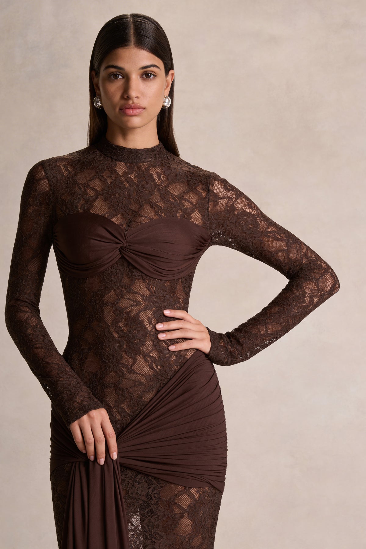Akira Brown Lace Maxi Dress With Sash-Detail Club L London - CA Akira Brown Lace Maxi Dress With Sash-Detail Club L London - CA