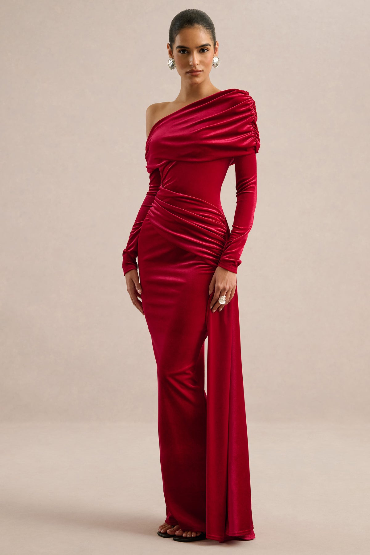 ECM_HR_CL137568100 - Hadria _ Red Velvet Asymmetric-Neck Maxi Dress With Sash-Detail2.jpg