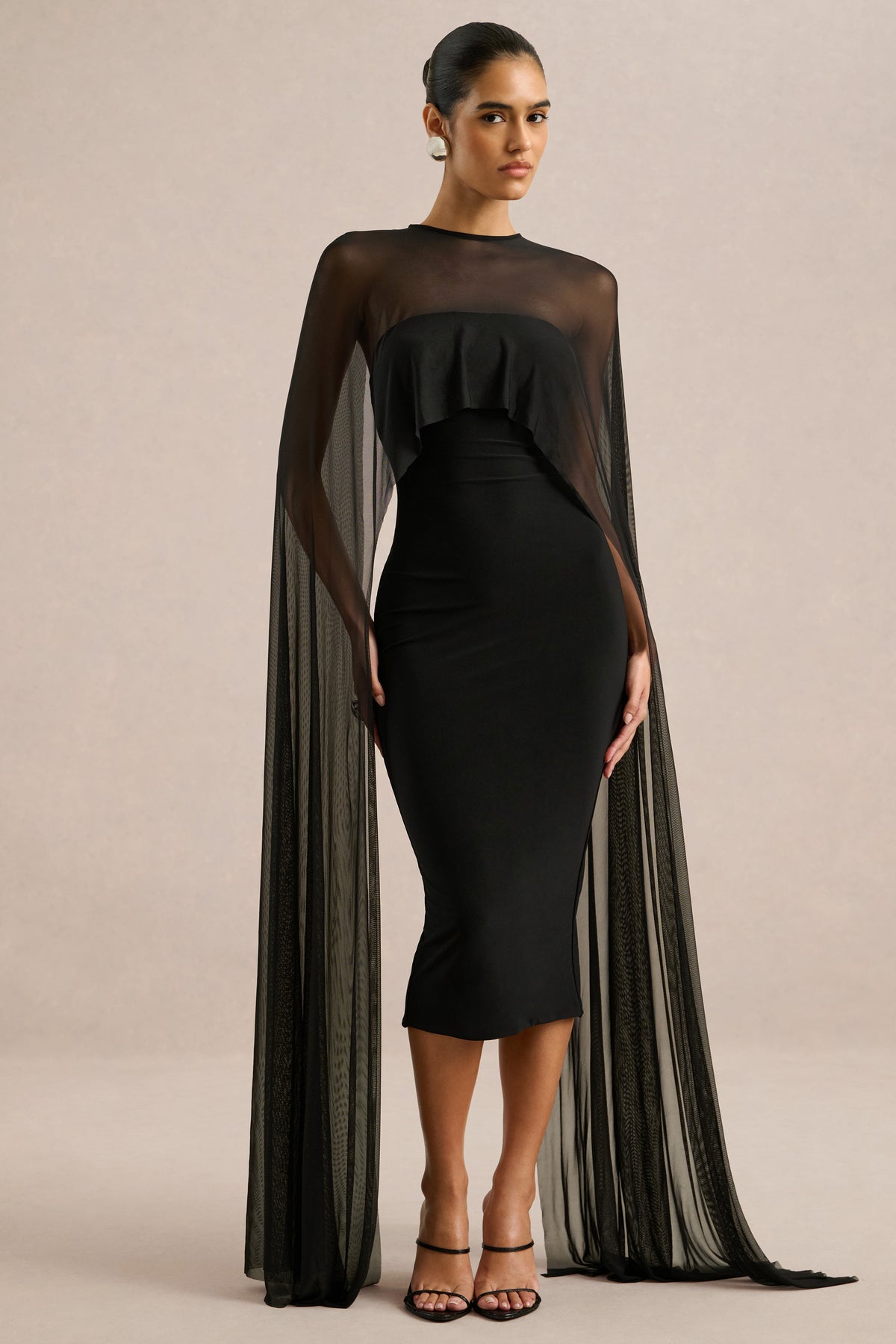 ECM_HR_CL137579001 - Filippa _ Black Crew-Neck Midi Dress With Sheer Cape-Sleeves1.jpg