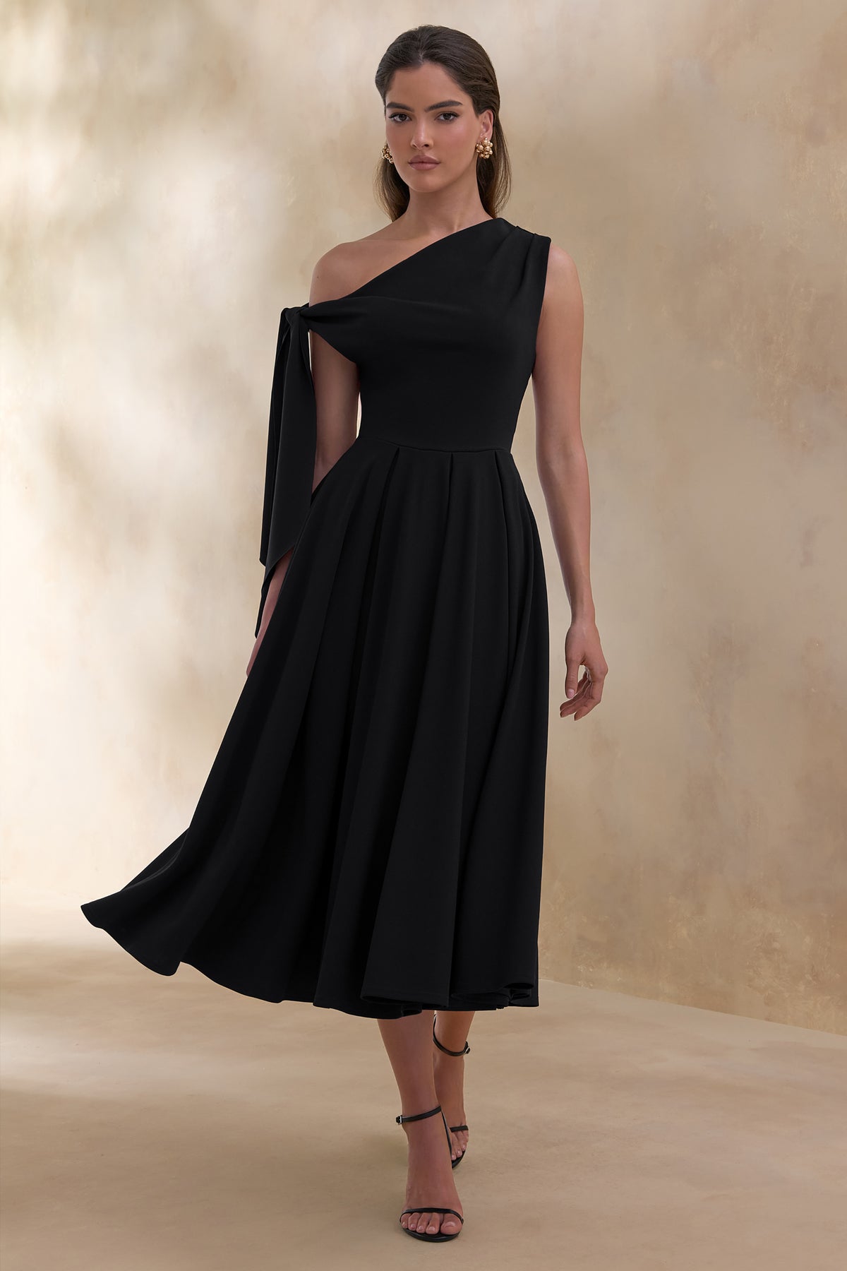 Daring Black Asymmetric-Neck Midi Dress With Knot-Detail Club L London - CA Daring Black Asymmetric-Neck Midi Dress With Knot-Detail Club L London - CA