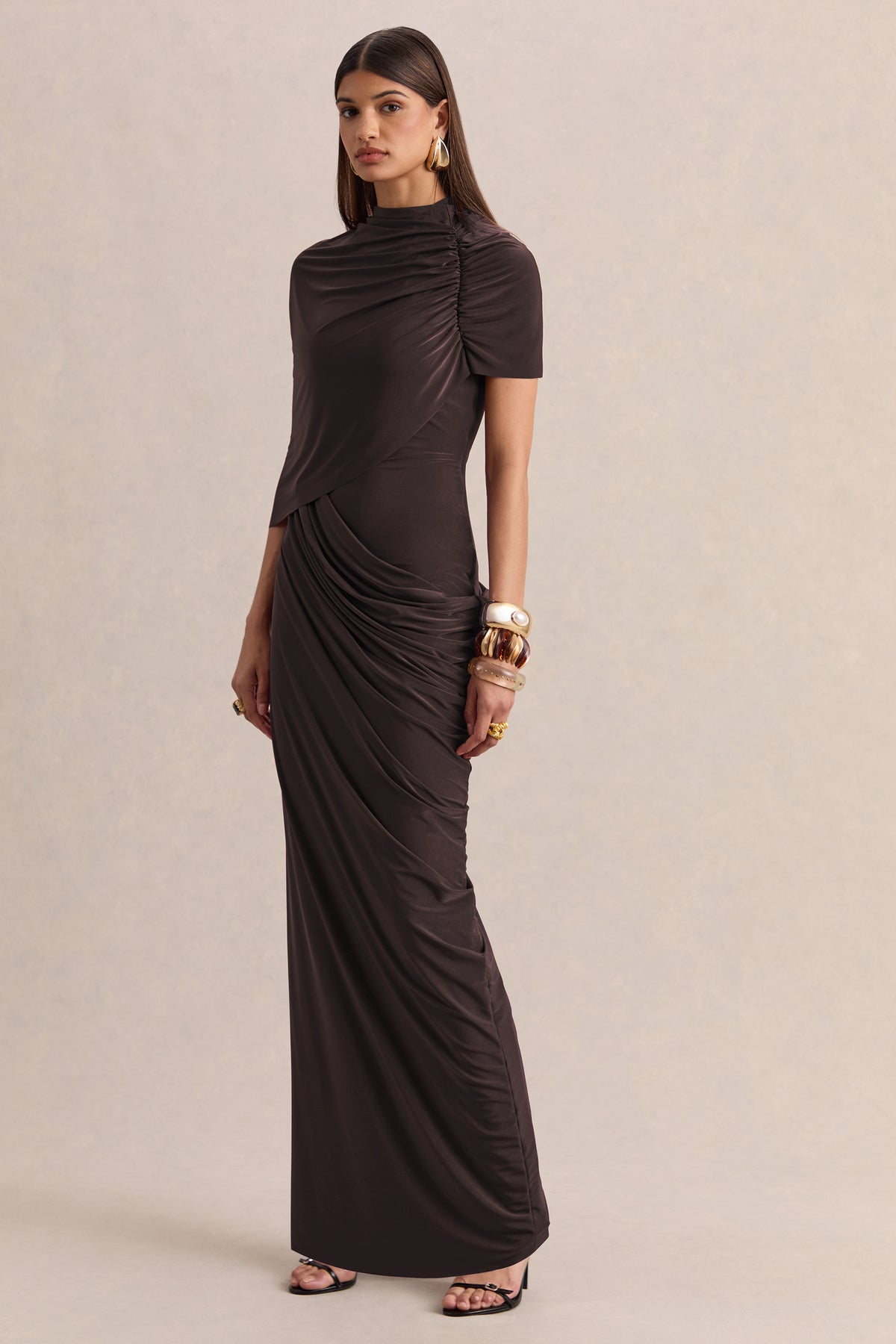 HR_CL137651022 - Lunaline | Brown High-Neck Maxi Dress With Asymmetric Cape And Draped-Detailing 1.jpg