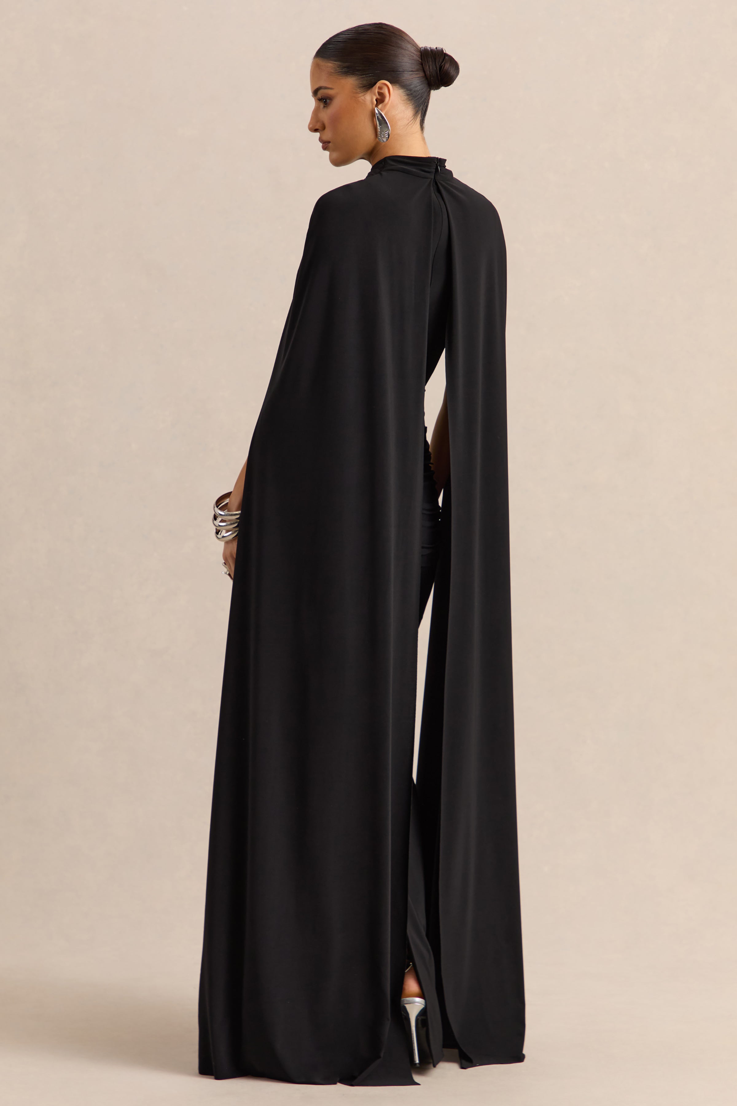 Dianelle | Black High-Neck Maxi Dress With Cape-Sleeves – Club L