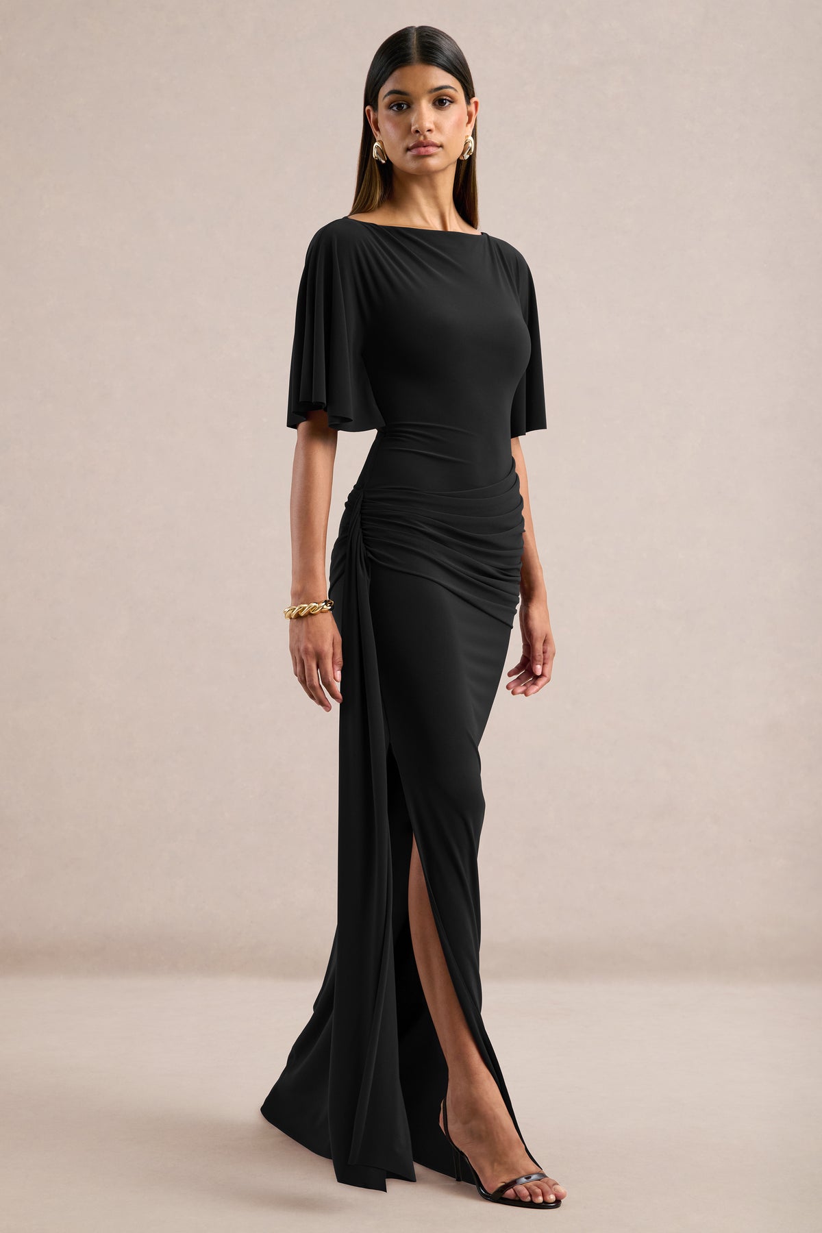 ECM_HR_CL13765800 - Emerelle | Black Jersey Ruched Boat Neck Short Sleeve Maxi Dress With Sash And Split2.jpg