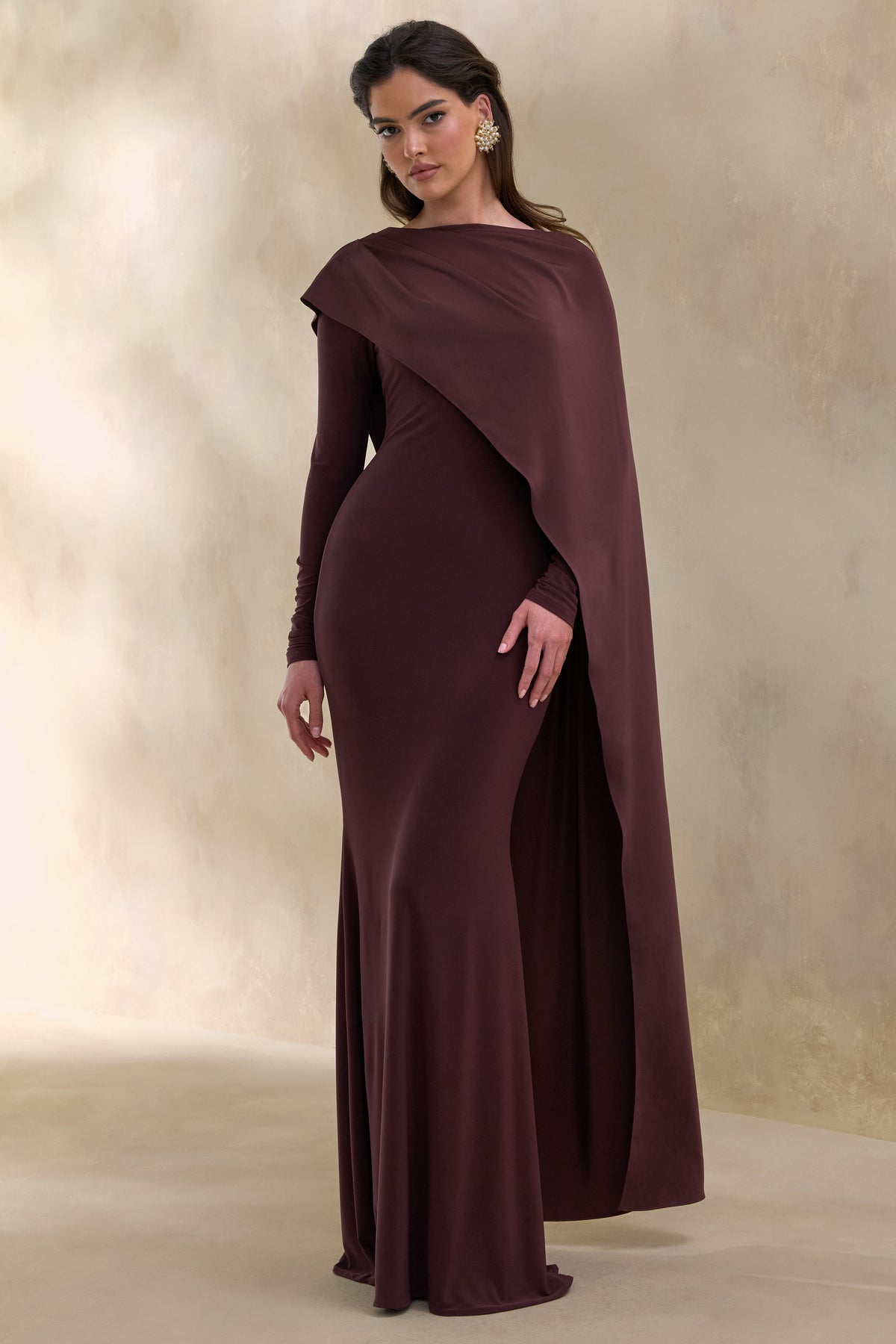 ECM_HR_CL137666022 - Salenne | Brown Round-Neck Maxi Dress With Satin Asymmetric-Cape 5.jpg