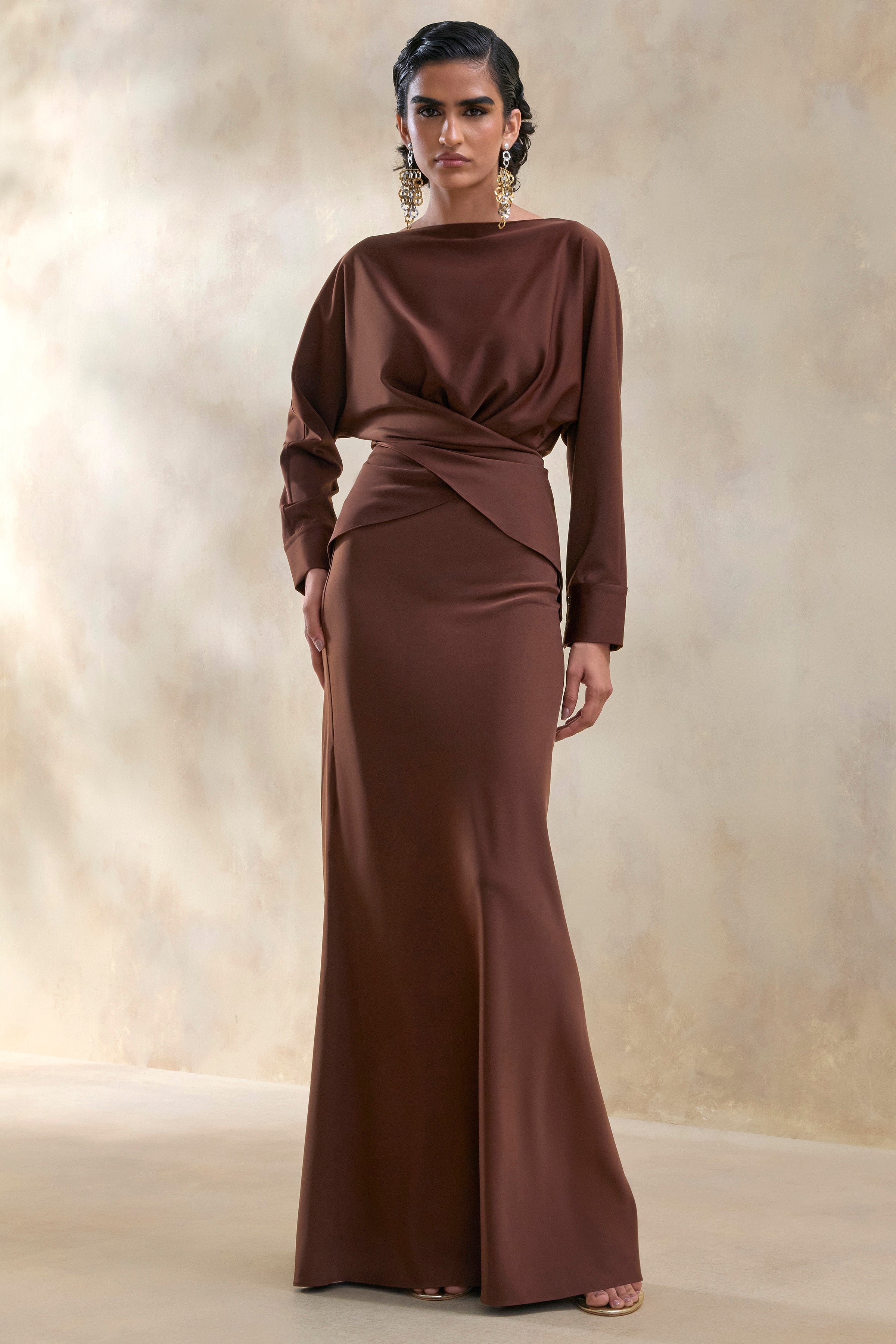Elaria | Brown Satin Maxi-Skirt – Club L London - CA