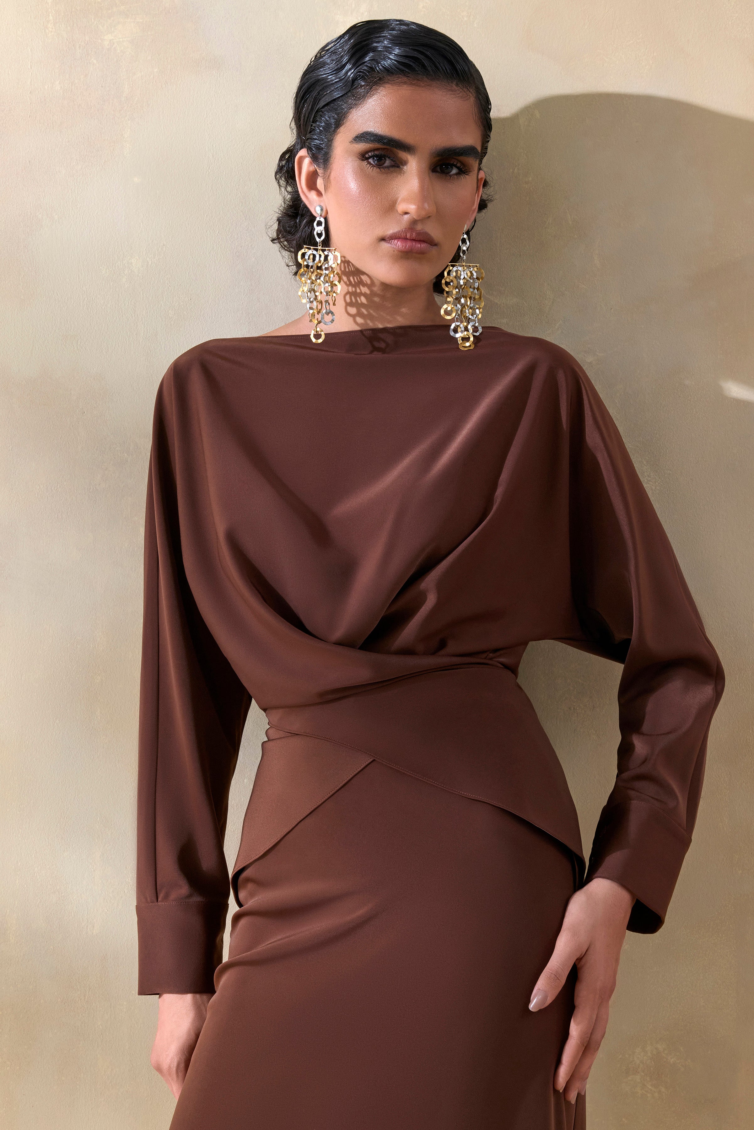 Miravia | Brown Satin Wide-Neck Long-Sleeve Top – Club L London - CA
