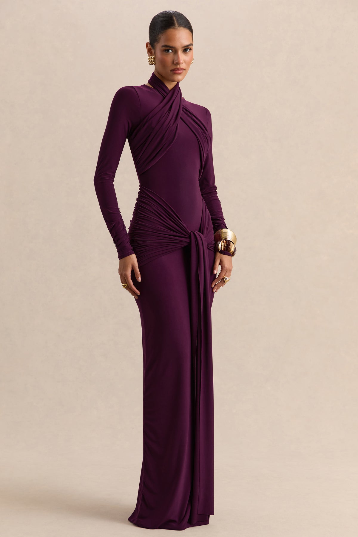Linessa Dark Plum High-Neck Maxi Dress With Sash And Gathered-Detail Club L London - CA Linessa Dark Plum High-Neck Maxi Dress With Sash And Gathered-Detail Club L London - CA