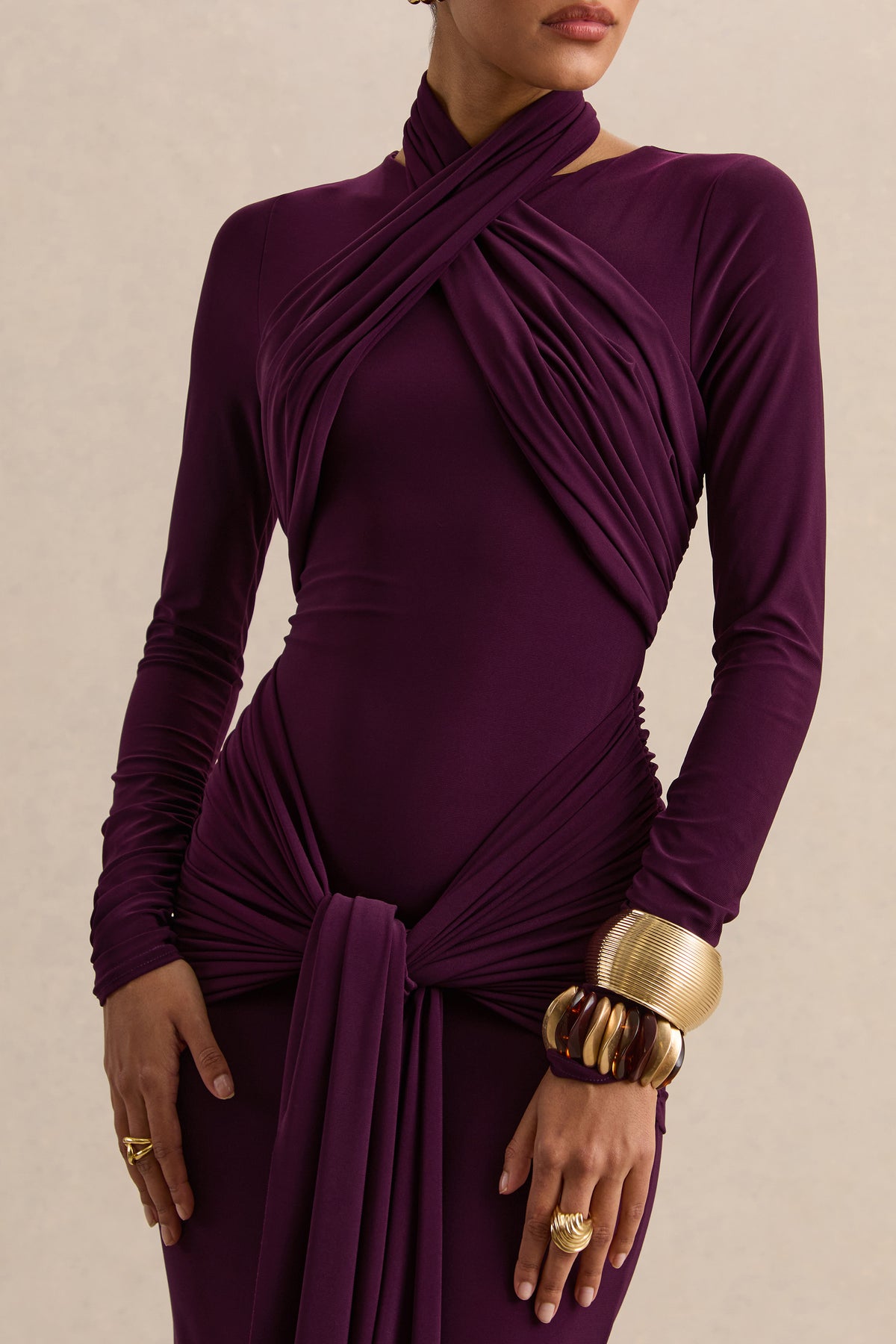 Linessa Dark Plum High-Neck Maxi Dress With Sash And Gathered-Detail Club L London - CA Linessa Dark Plum High-Neck Maxi Dress With Sash And Gathered-Detail Club L London - CA