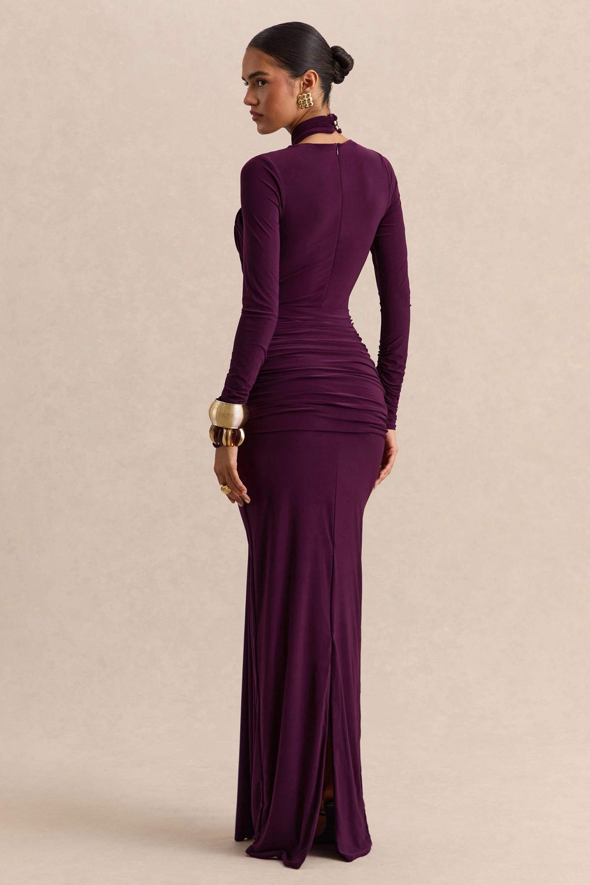 Linessa Dark Plum High-Neck Maxi Dress With Sash And Gathered-Detail Club L London - CA Linessa Dark Plum High-Neck Maxi Dress With Sash And Gathered-Detail Club L London - CA