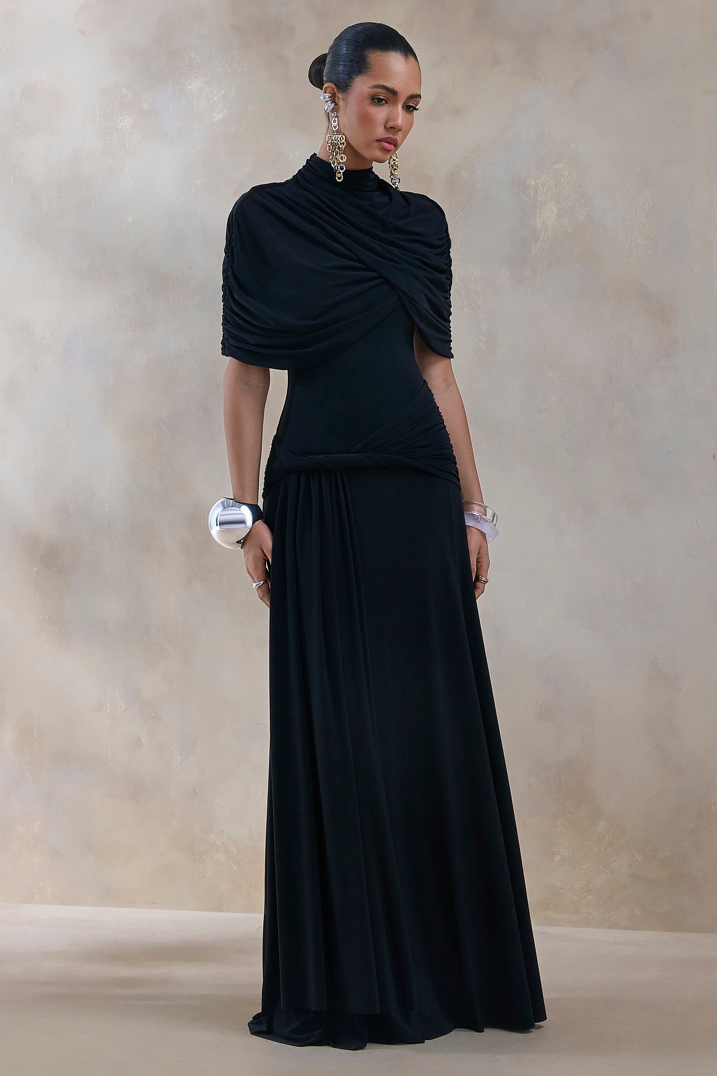Evelisse | Black High-Neck Maxi Dress With Short-Cape Sleeves