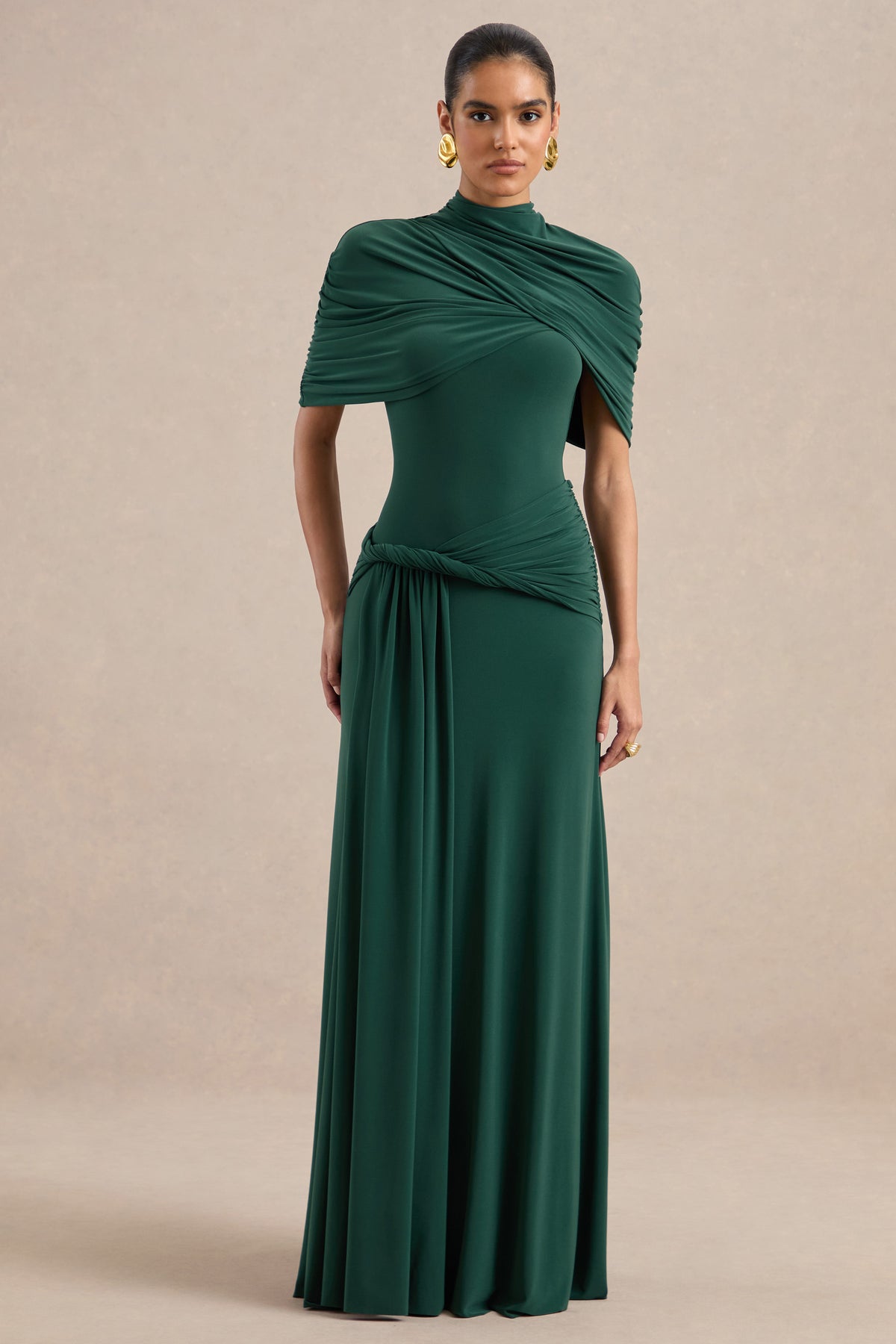 ECM_HR_CL137692038 - Evelisse _ Dark Green Jersey Ruched High Neck Short Sleeve Maxi Dress With Draped Detailing And Twist Sash0.jpg