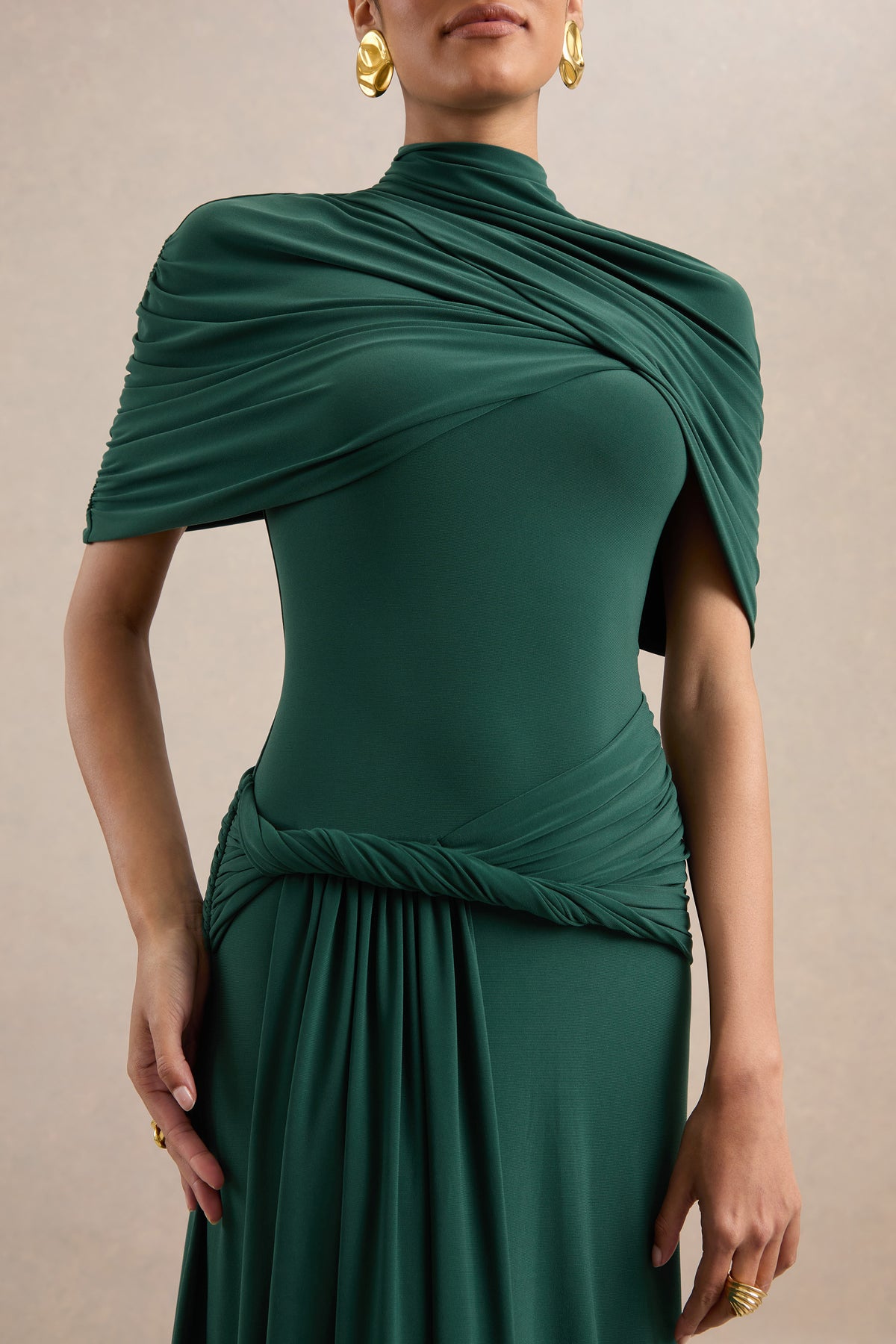 ECM_HR_CL137692038 - Evelisse _ Dark Green Jersey Ruched High Neck Short Sleeve Maxi Dress With Draped Detailing And Twist Sash3.jpg