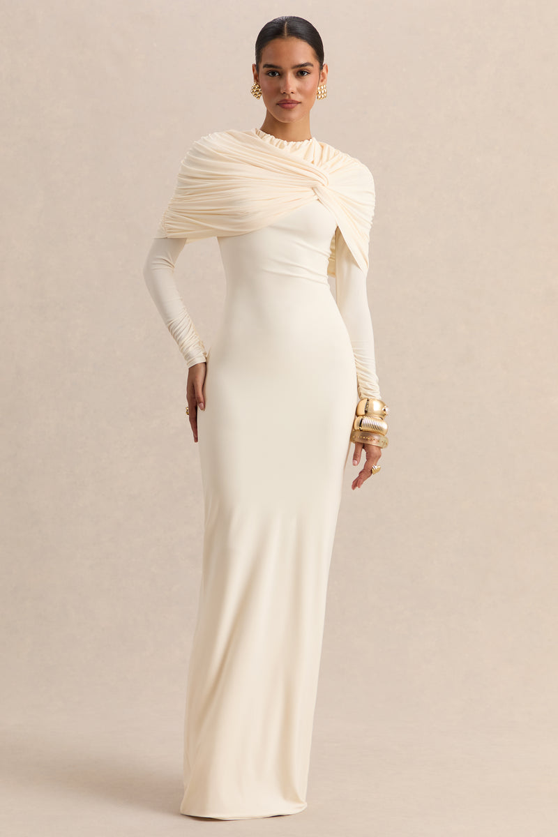 ECMH-HR-CL137698111 - Evessa - Cream High-Neck Maxi Dress With Gathered-Detailing 02.jpg