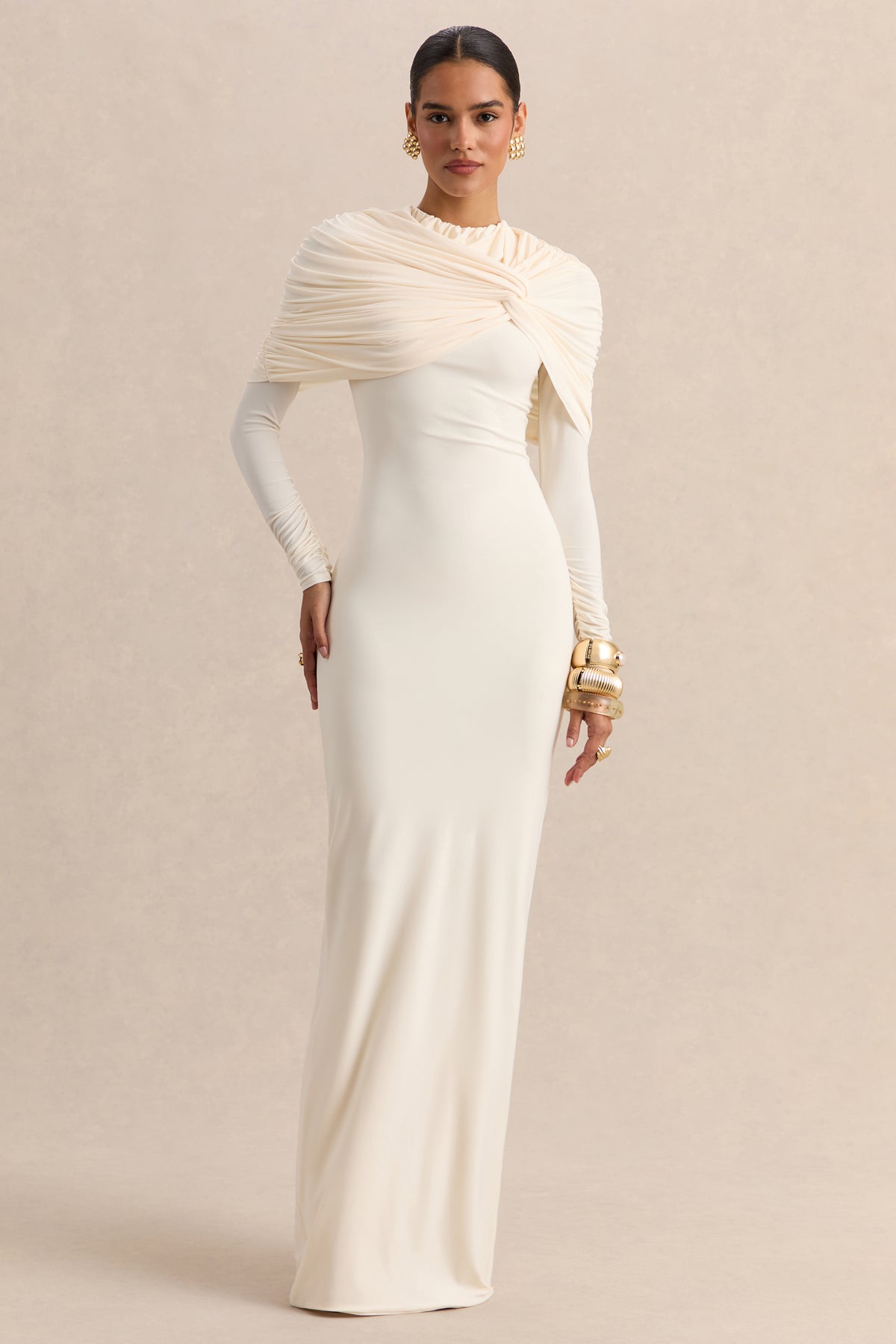ECMH-HR-CL137698111 - Evessa - Cream High-Neck Maxi Dress With Gathered-Detailing 02.jpg