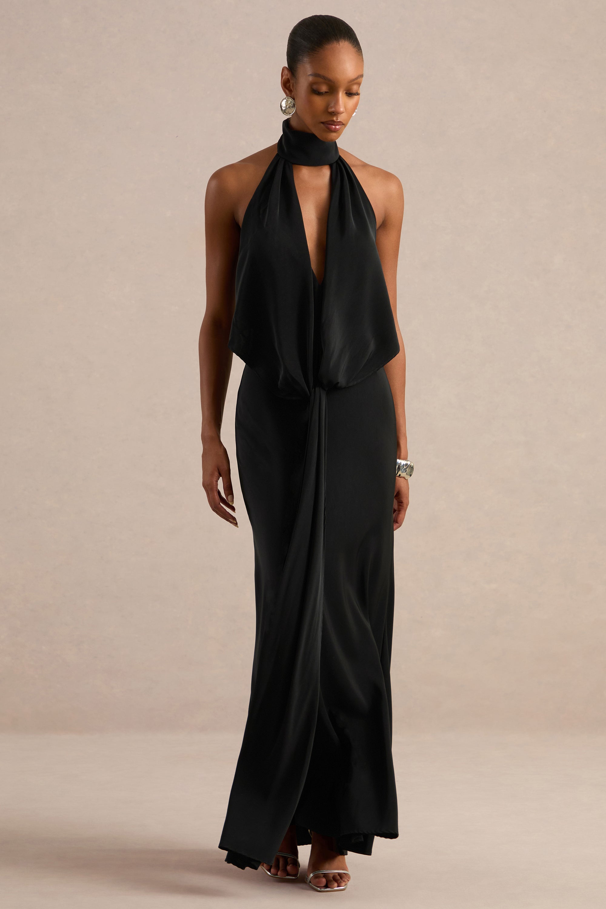 ECM_HR_CL137717001 - Canella | Black Satin Halter-Neck Maxi Dress With Sash-Detail1.jpg