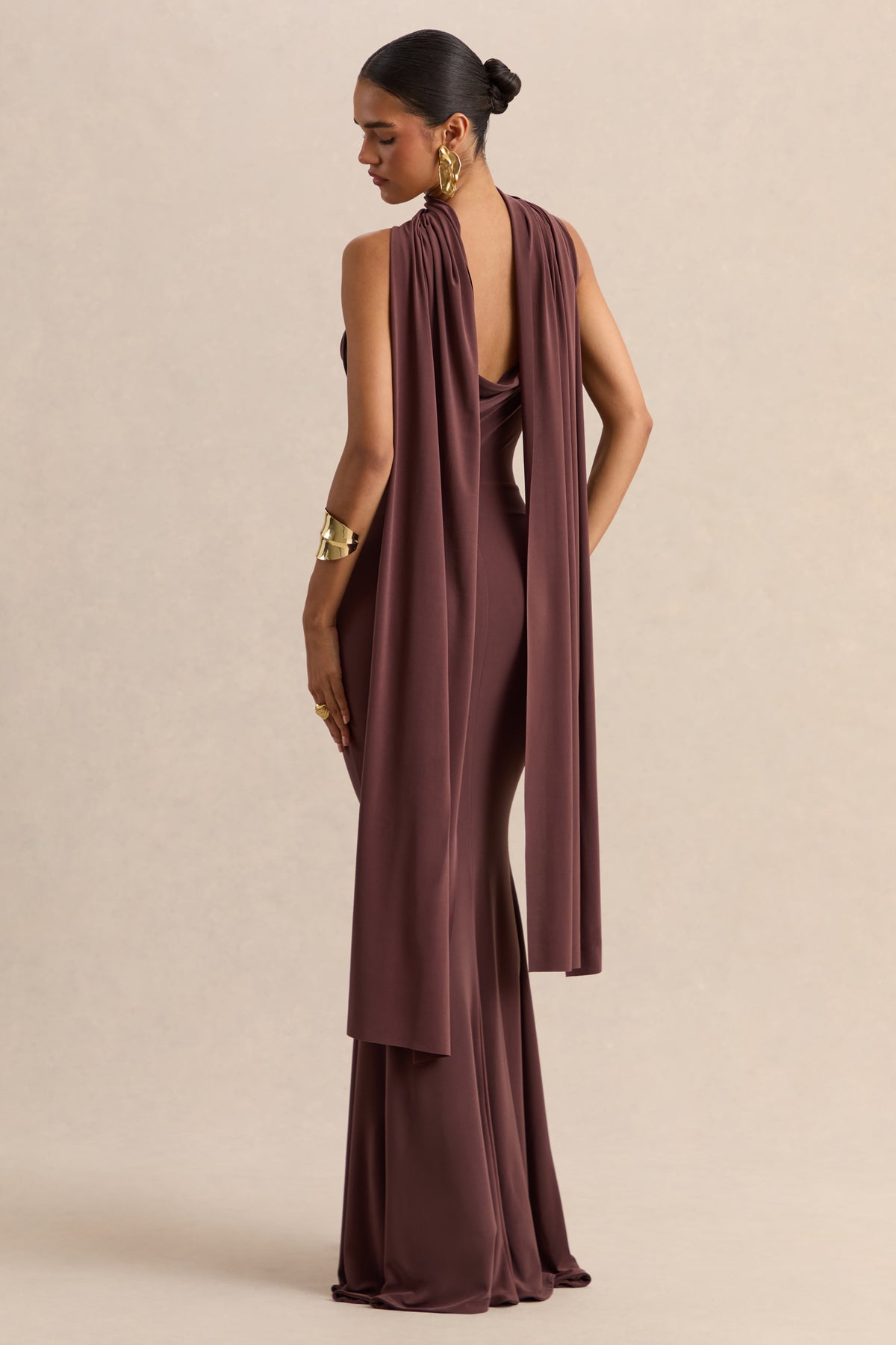 Armelia Brown Cowl-Neck Maxi Dress With Scarf-Detail Club L London - CA Armelia Brown Cowl-Neck Maxi Dress With Scarf-Detail Club L London - CA