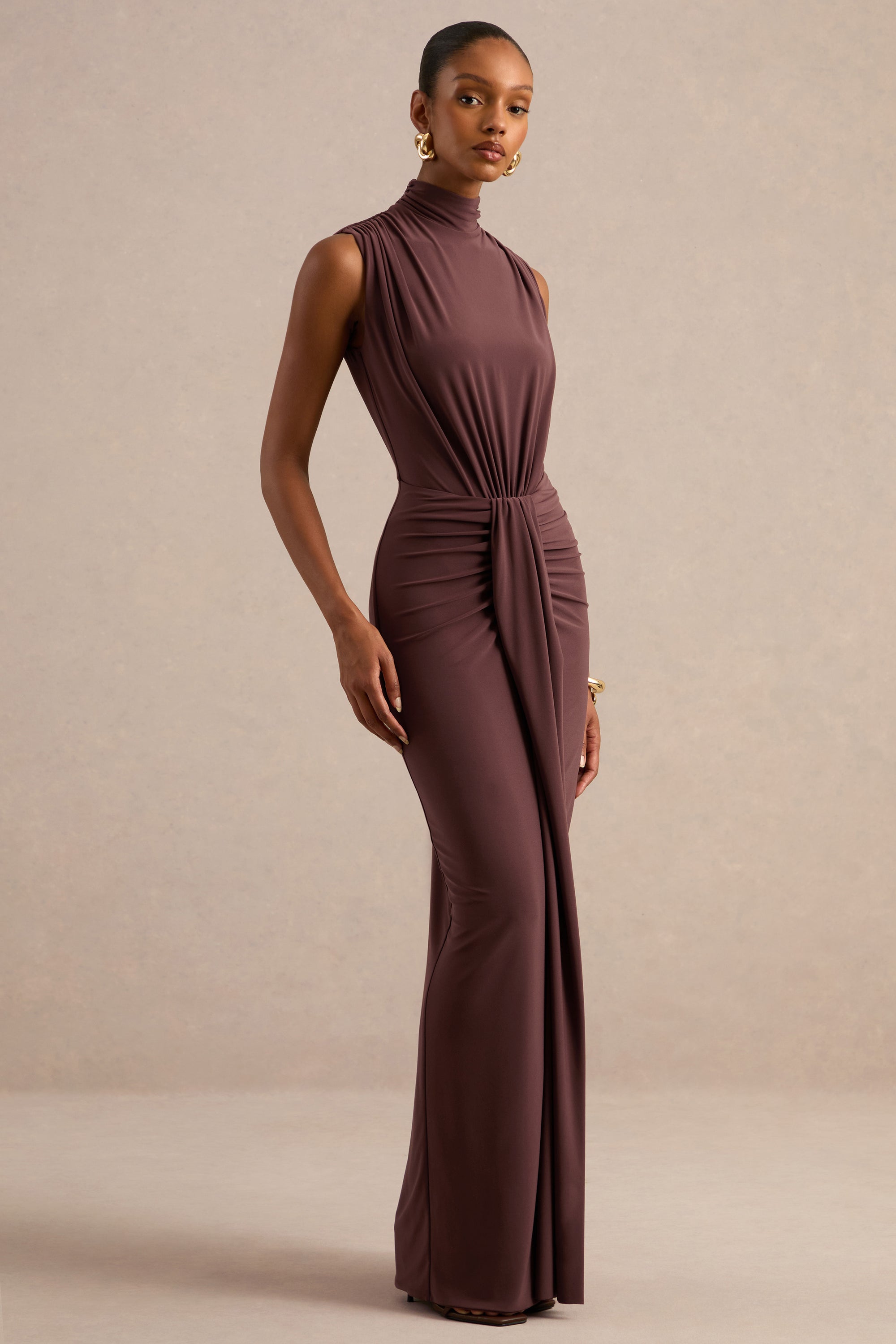 ECM_HR_CL137765022 - Isona _ Brown High-Neck Maxi Dress With Gathered-Detailing And Sash2.jpg