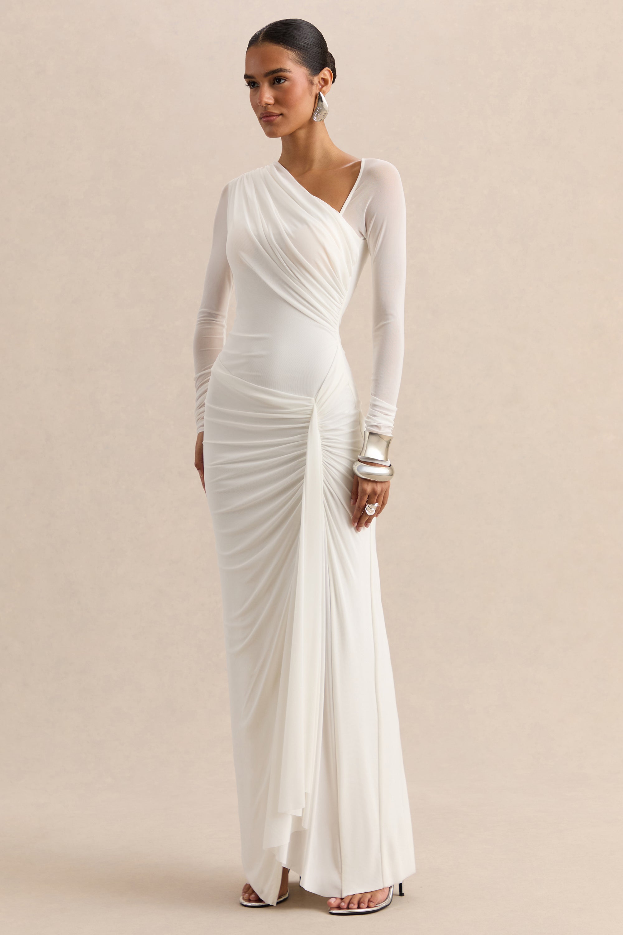 ECM-HR-CL137792110 - Rimena - White Asymmetric-Neck Maxi-Dress With Gathered Detailing And Mesh Long-Sleeves 06.jpg