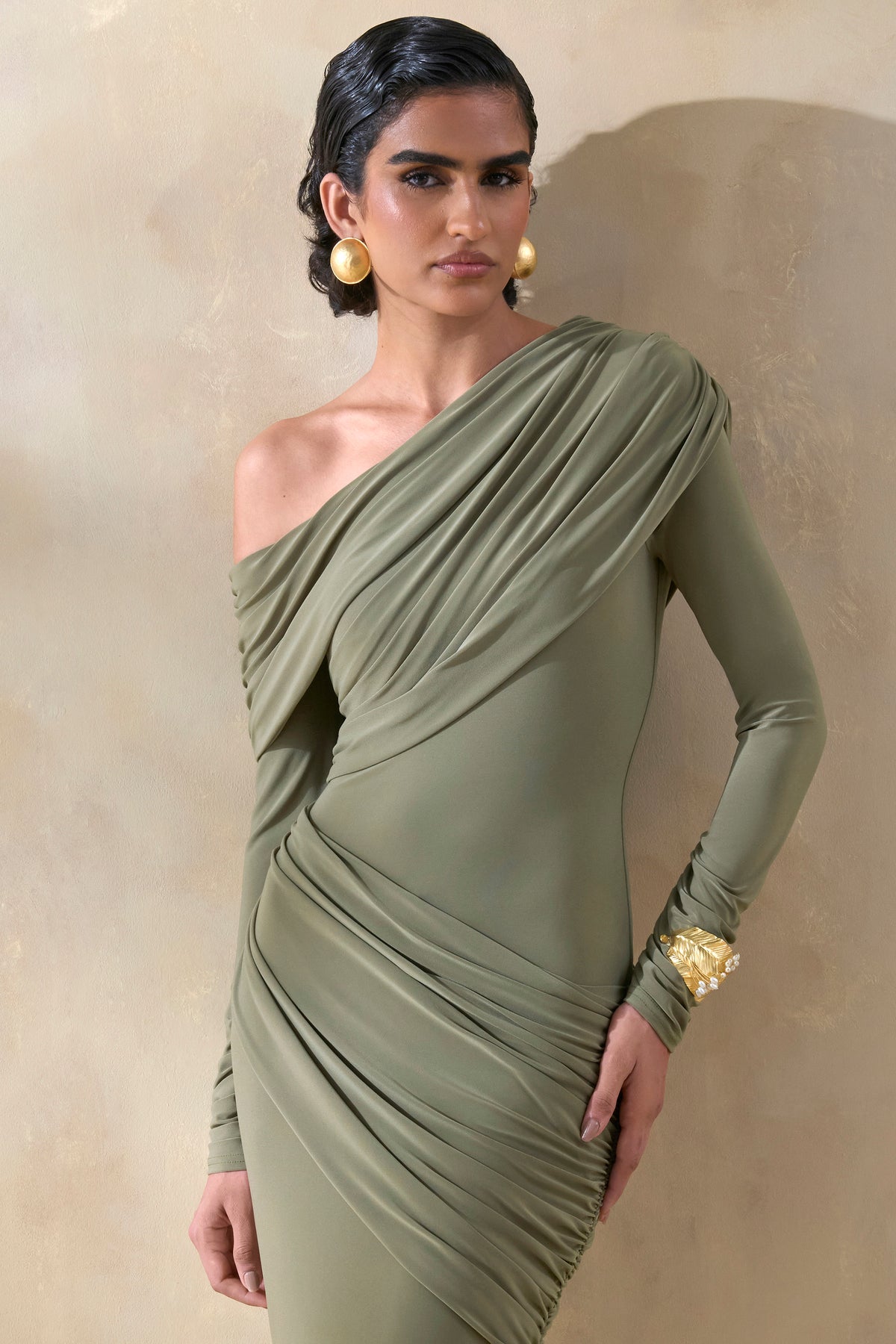 Rosirene Olive Asymmetric-Neck Maxi Dress With Draped-Detailing