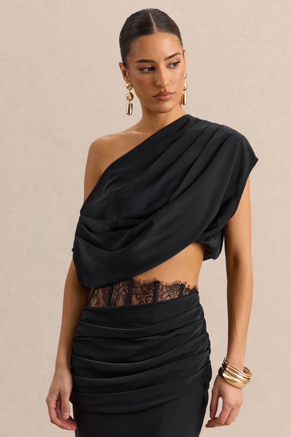 Yaselle Black Satin Asymmetric-Neck Crop-Top – Club L London