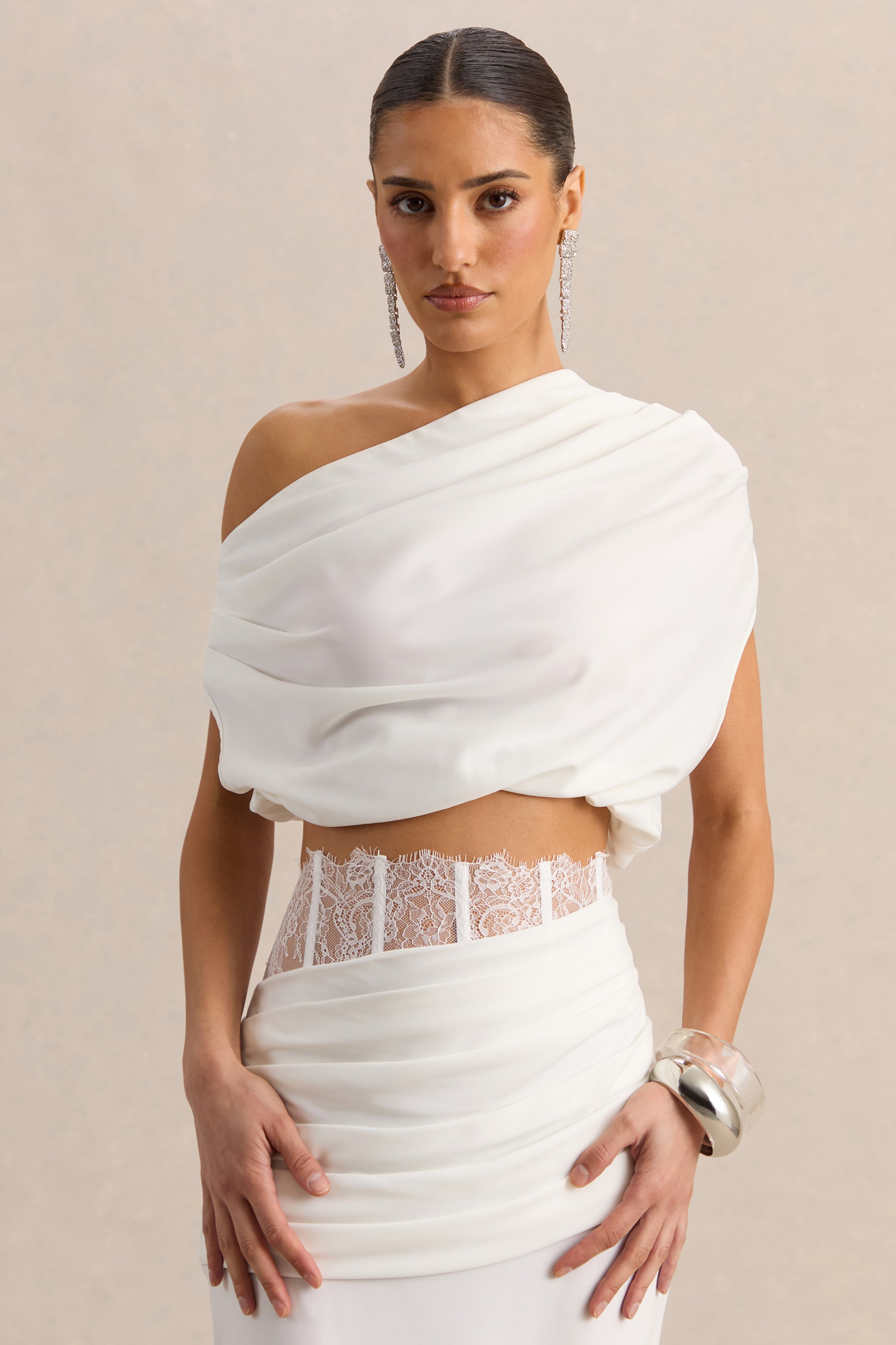 Yaselle | White Satin Asymmetric-Neck Crop-Top – Club L London - CA