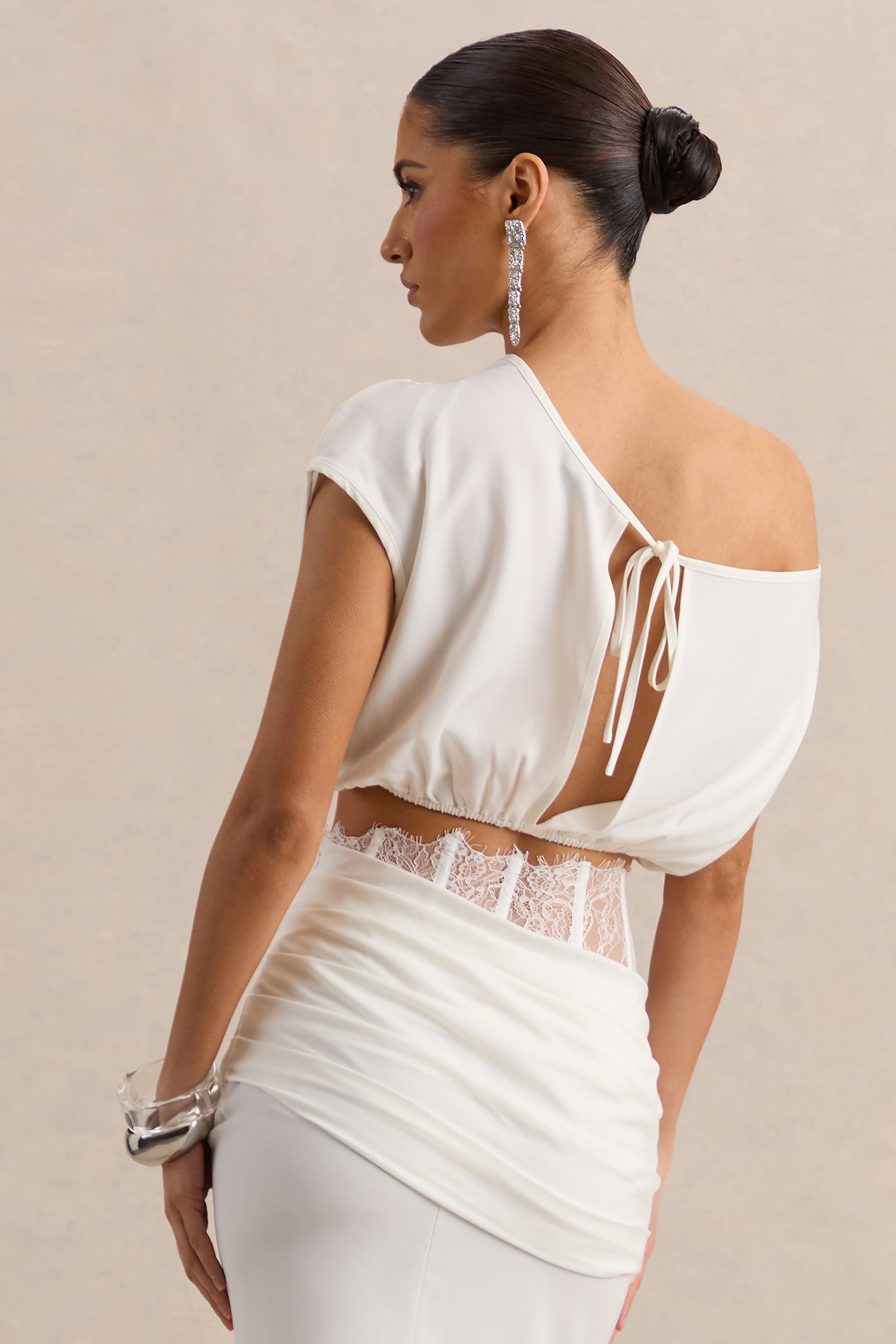 Yaselle | White Satin Asymmetric-Neck Crop-Top – Club L London - CA