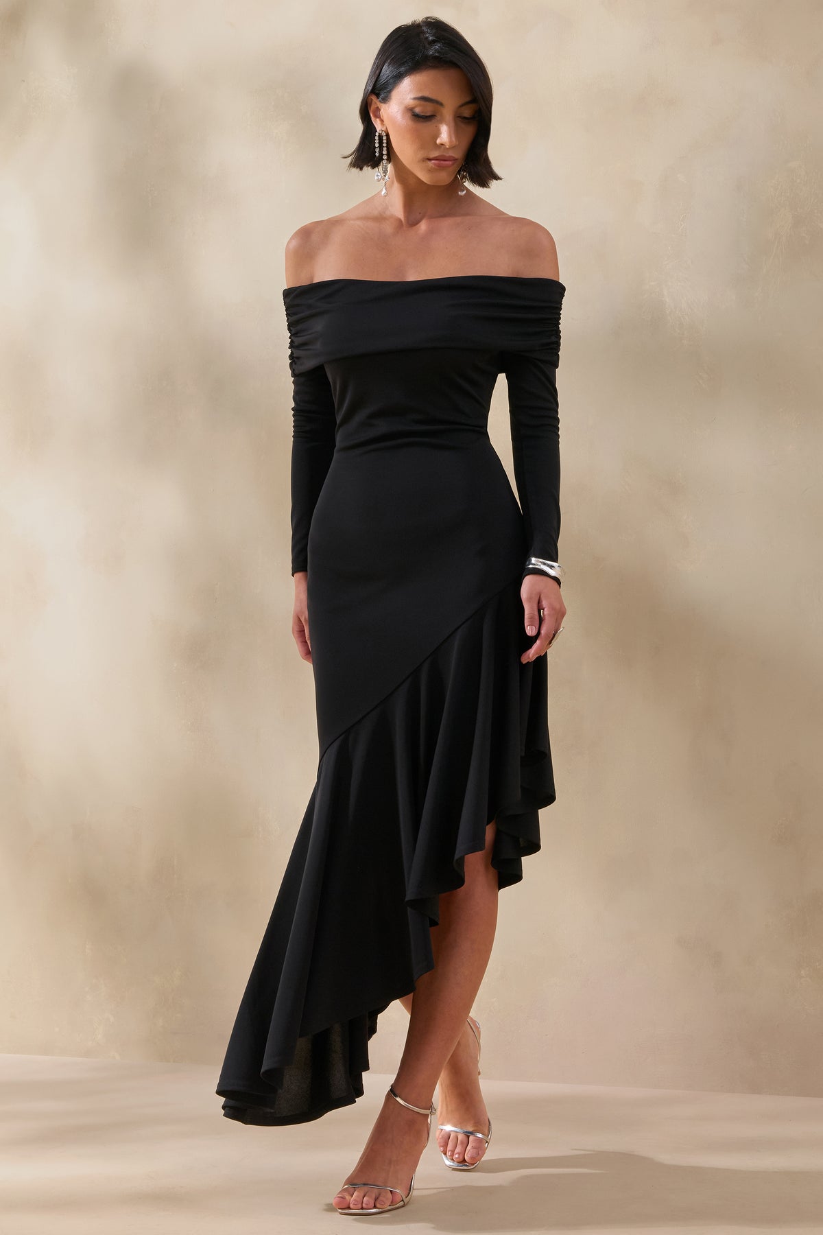 Goldara Black Bardot-Neck Maxi Dress With Ruffled Asymmetric-Hem Club L London - CA Goldara Black Bardot-Neck Maxi Dress With Ruffled Asymmetric-Hem Club L London - CA
