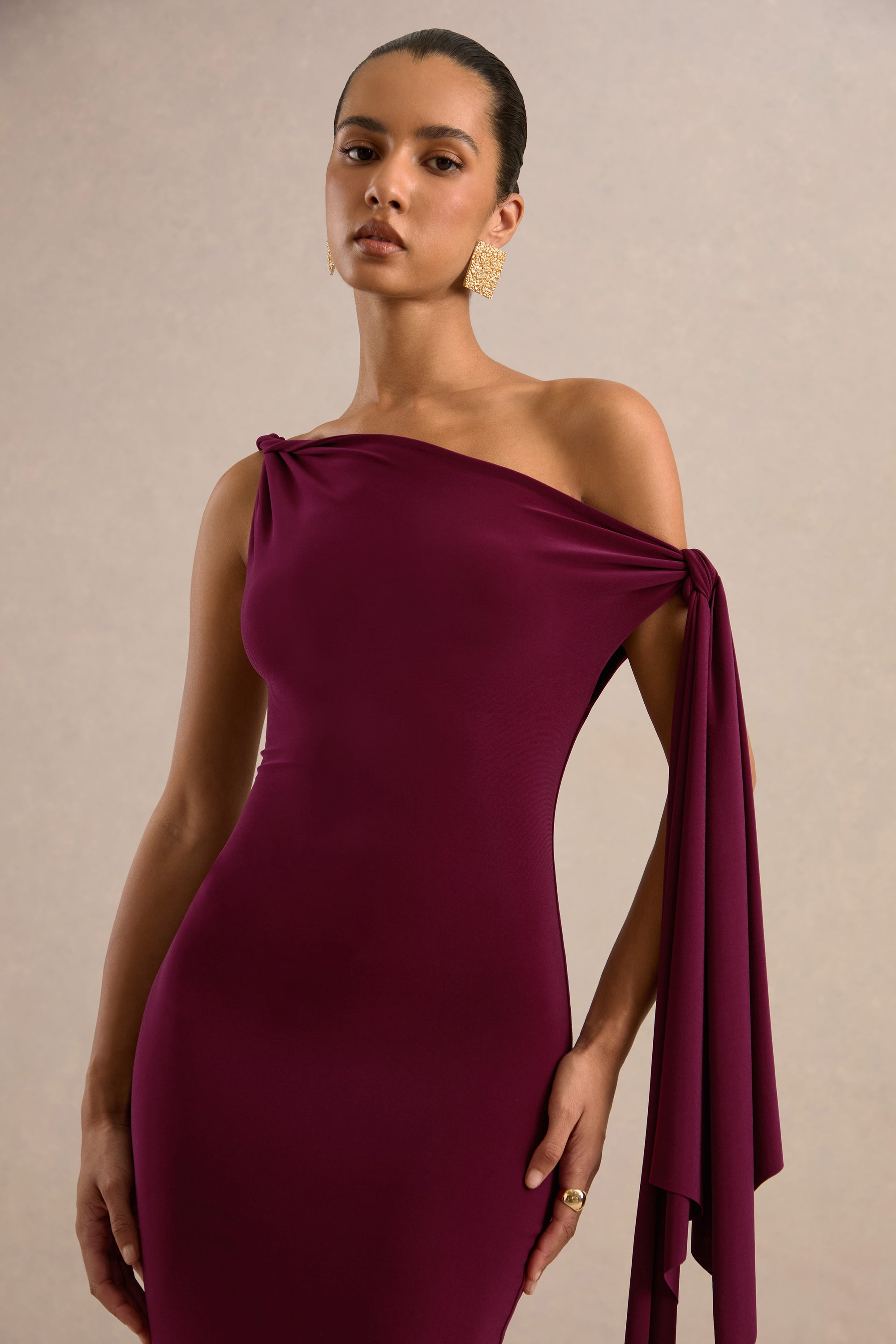 ECM_HR_CL137892102 - Arcelia Burgundy Asymmetric-Neck Midi Dress With Knot-Sleeve Detail4.jpg