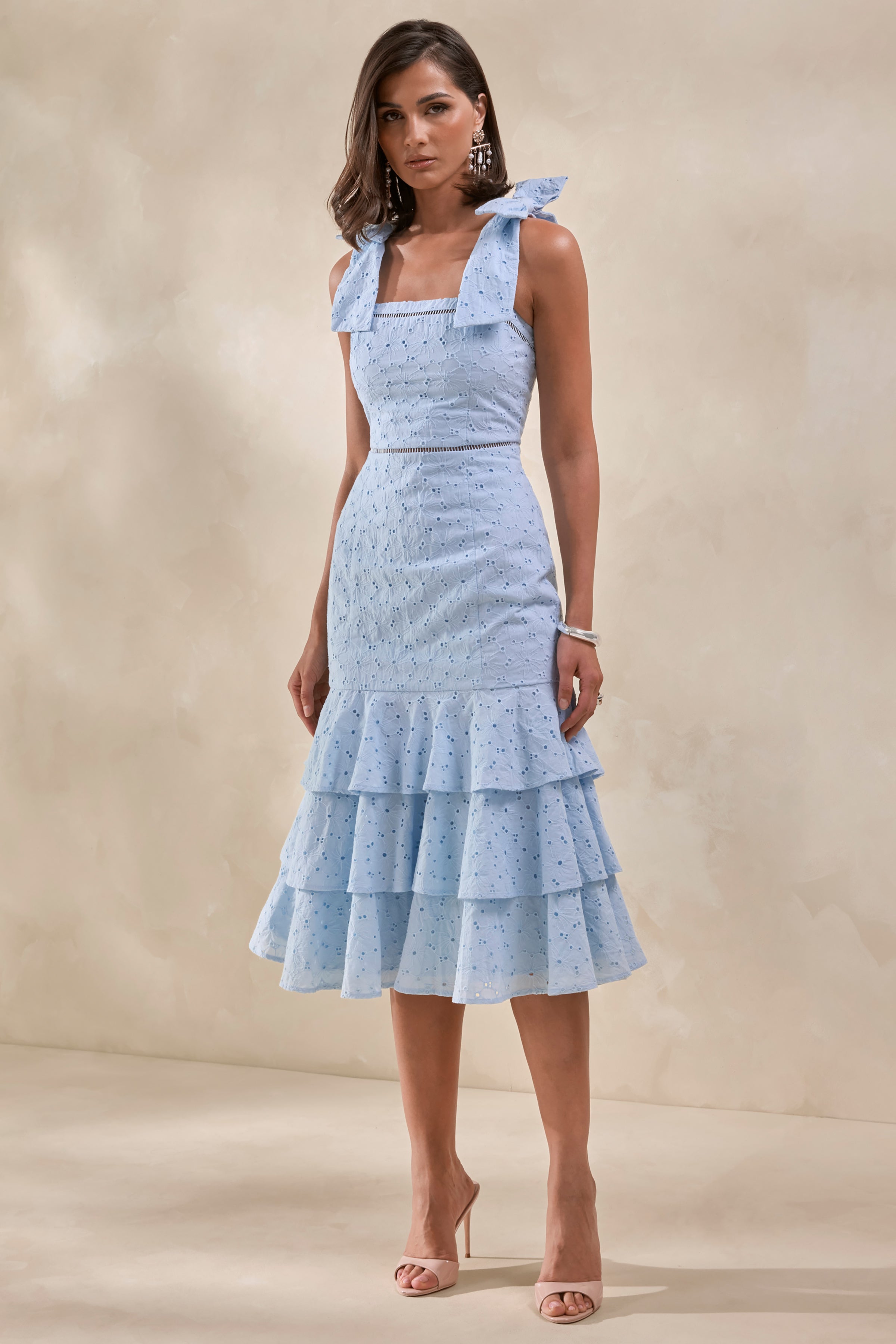 Velissia | Blue Broderie Square-Neck Midi Dress With Bow-Sleeves
