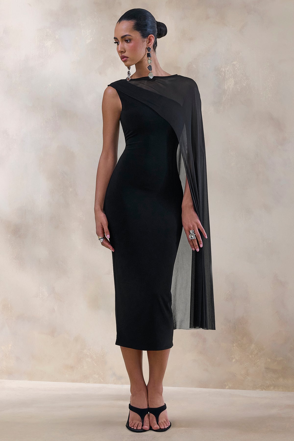 ECM_HR_CL138030001 - Caloria _ Black Asymmetric-Neck Midi Dress With Mesh-Cape 1.jpg