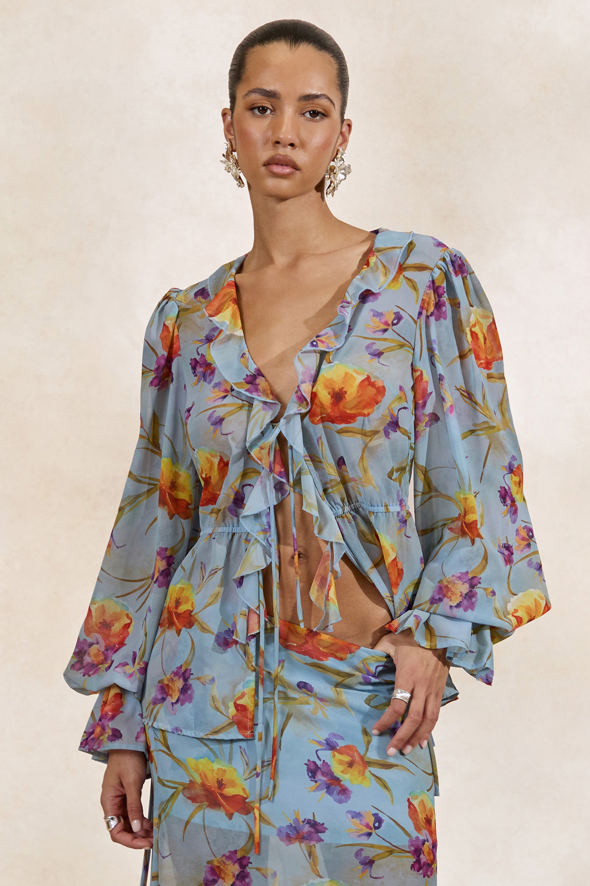 CL138215016 - Alveta _ Blue Floral Chiffon Sheer V-Neck Top With Ruffled Detailing  1.jpg
