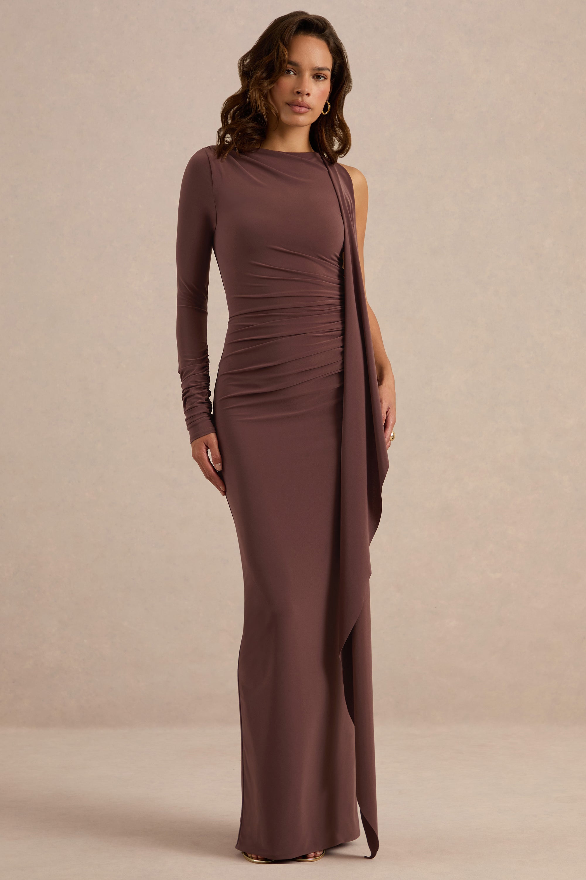 ECM_HR_CL138263022 - Epona Dark Brown Wide-Neck Maxi Dress With One-Long Sleeve And Sash-Detail1.jpg