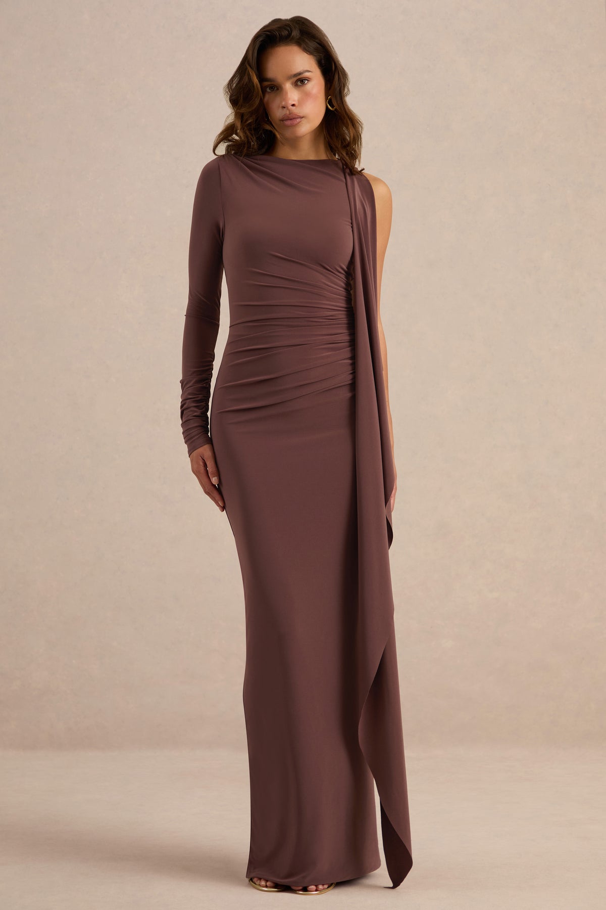 ECM_HR_CL138263022 - Epona Dark Brown Wide-Neck Maxi Dress With One-Long Sleeve And Sash-Detail2.jpg