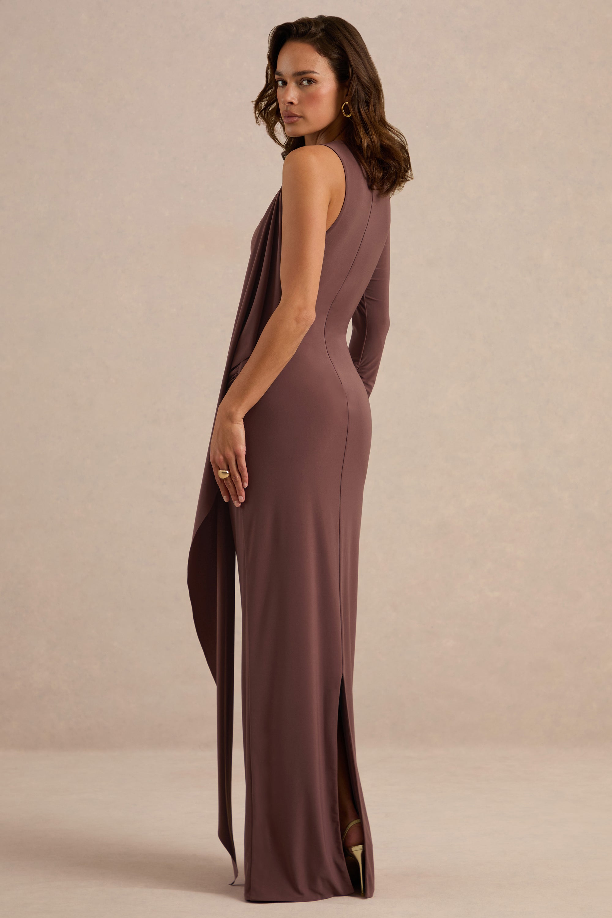 ECM_HR_CL138263022 - Epona Dark Brown Wide-Neck Maxi Dress With One-Long Sleeve And Sash-Detail5.jpg