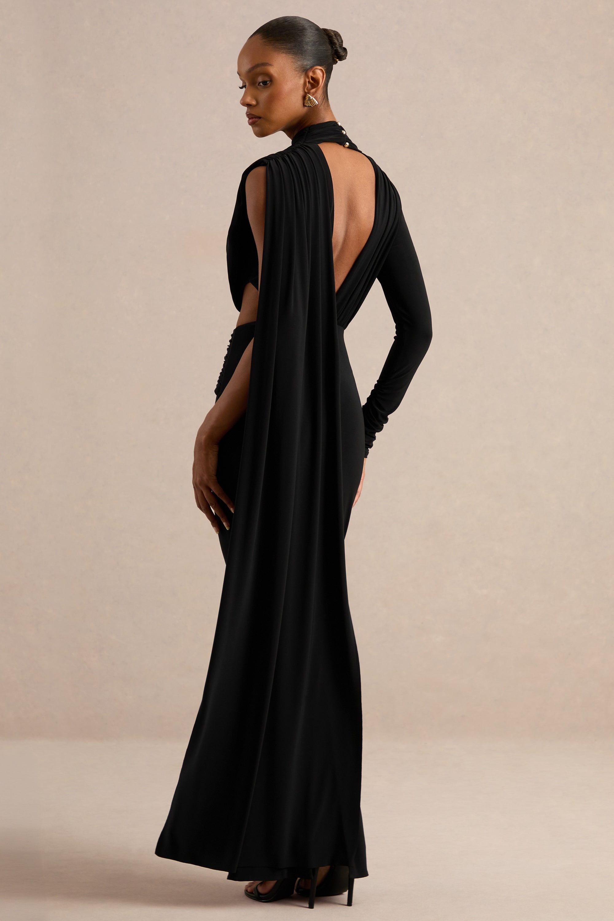 CL138265001 - Esmaria _ Black High-Neck Maxi Dress With Gold Detail And Sash 6.jpg