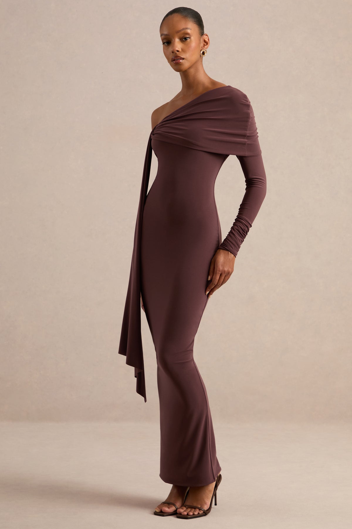 ECM_HR_CL138270022 - Faeryn _ Dark Brown Asymmetric-Neck Maxi Dress With Gathered Detailing 2.jpg