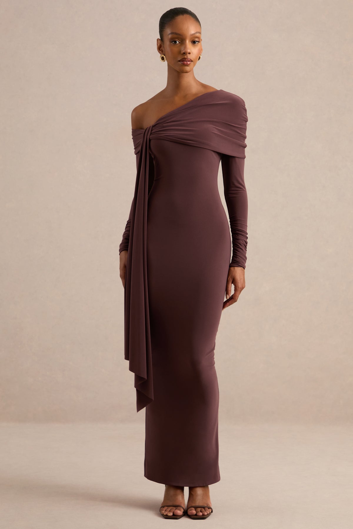 ECM_HR_CL138270022 - Faeryn _ Dark Brown Asymmetric-Neck Maxi Dress With Gathered Detailing 3.jpg