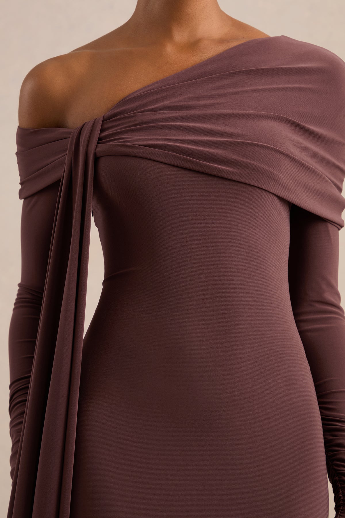ECM_HR_CL138270022 - Faeryn _ Dark Brown Asymmetric-Neck Maxi Dress With Gathered Detailing 5.jpg